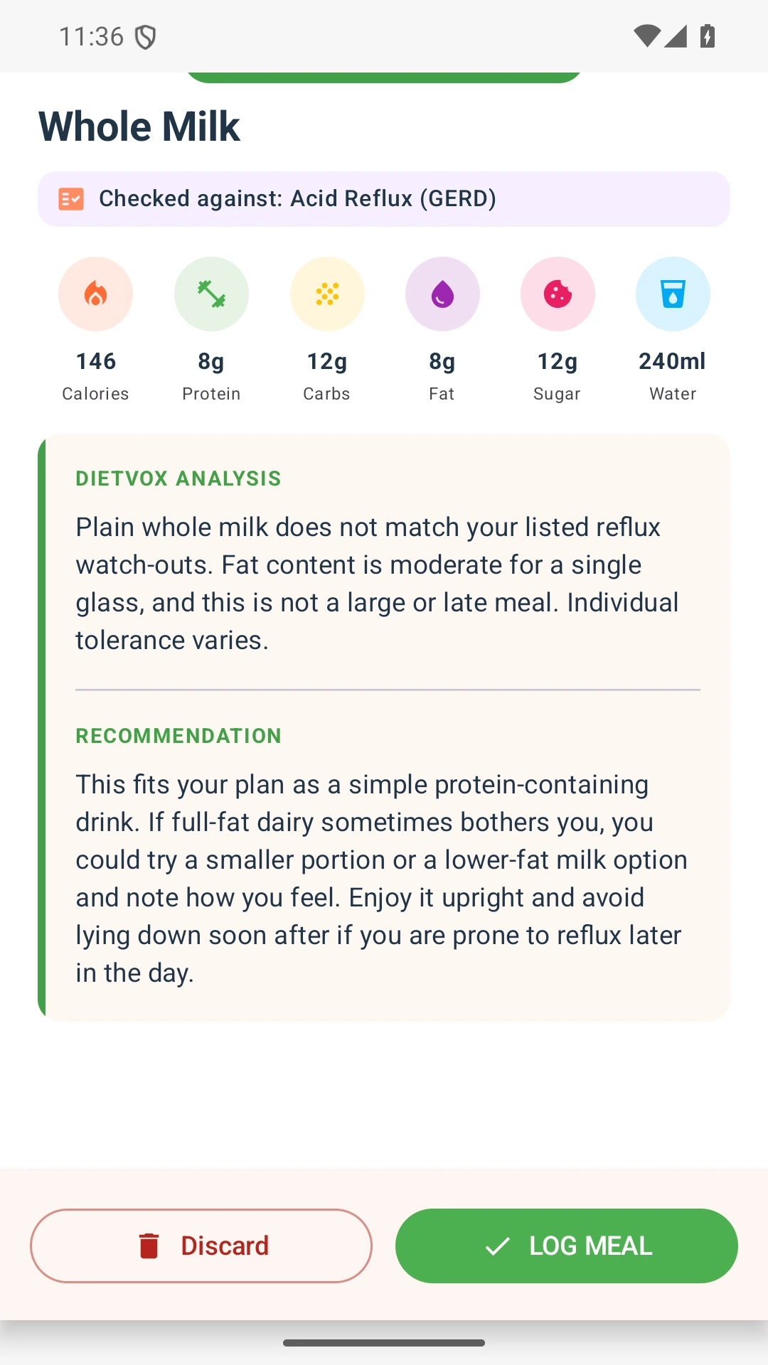 DietVox acid reflux analysis for Milk with the verified rating explanation