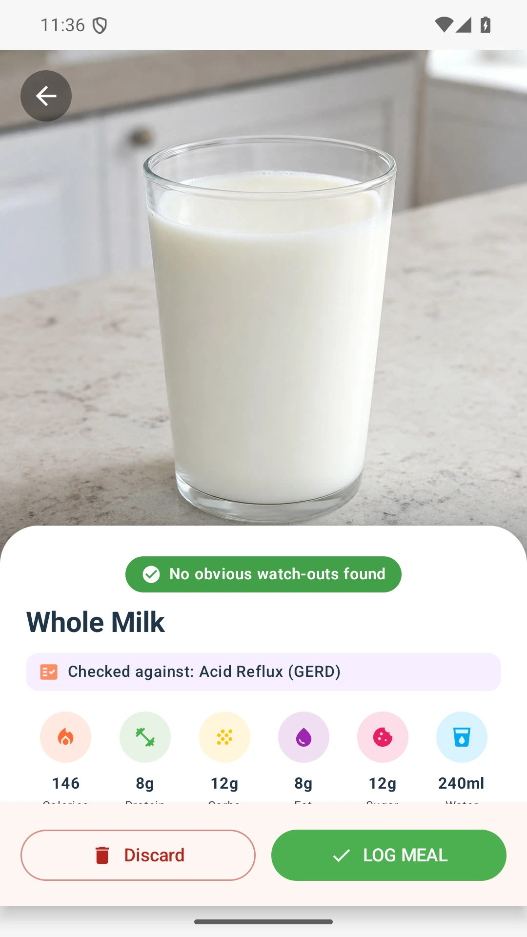 DietVox Milk scan showing a GREEN acid reflux rating