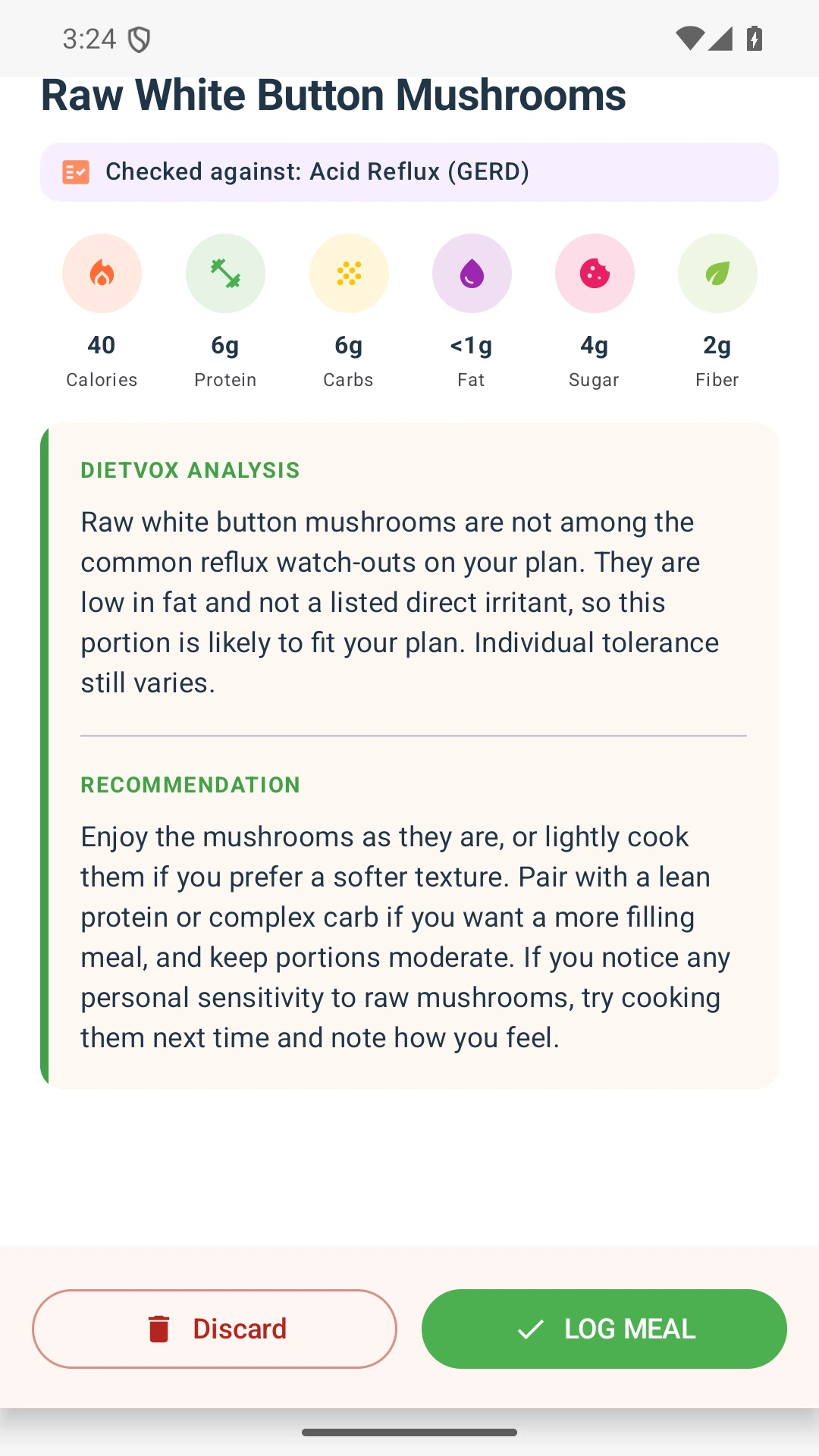 DietVox acid reflux analysis for Mushroom with the verified rating explanation
