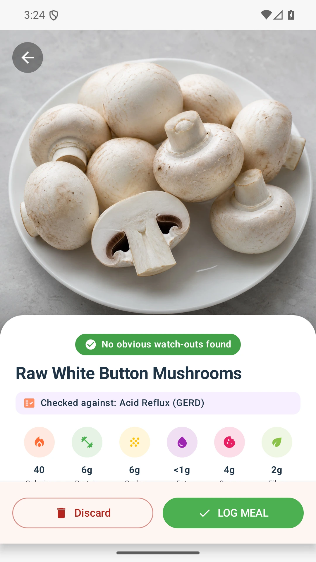 DietVox Mushroom scan showing a GREEN acid reflux rating