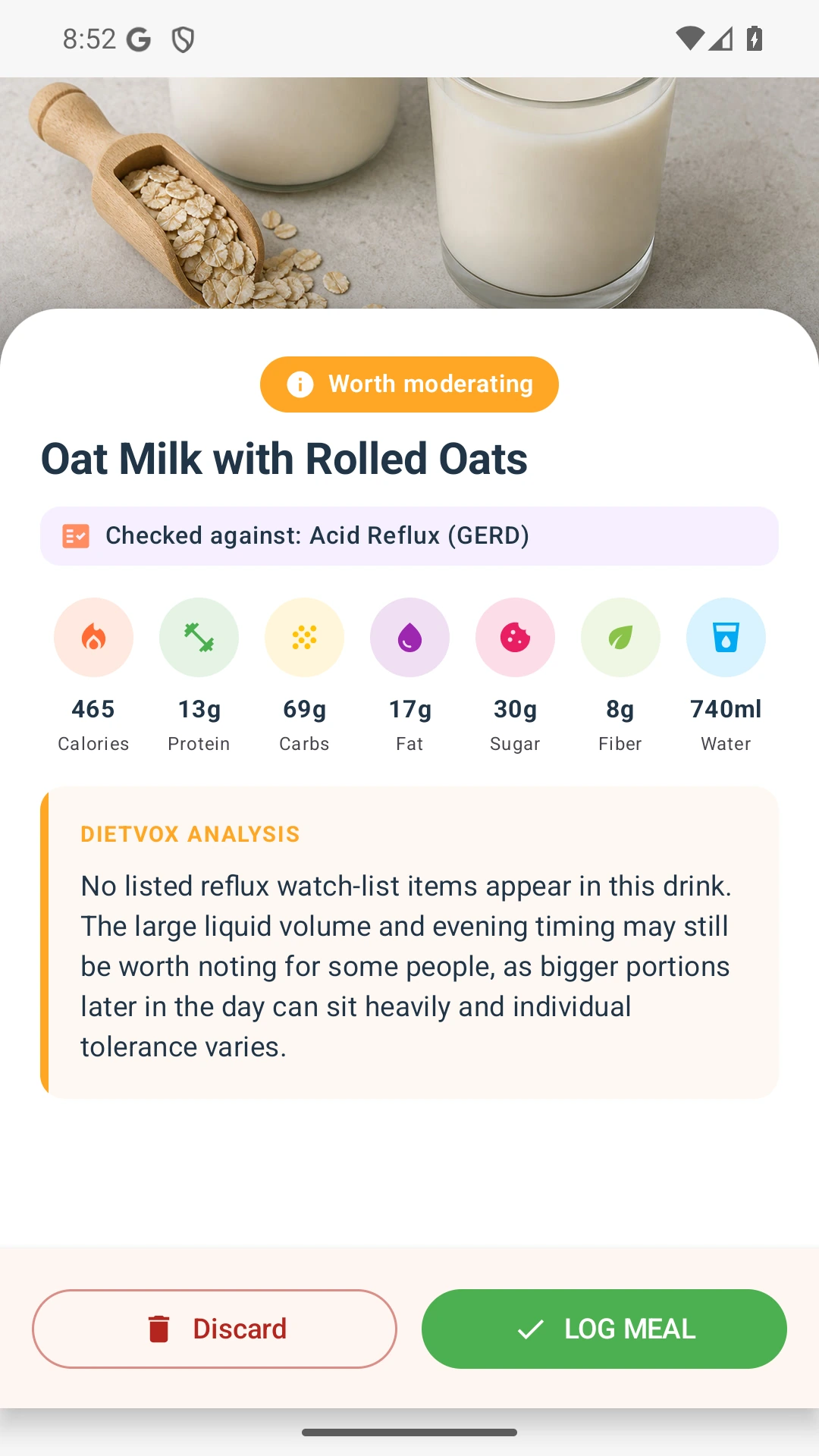 DietVox acid reflux analysis for Oat Milk with the verified rating explanation
