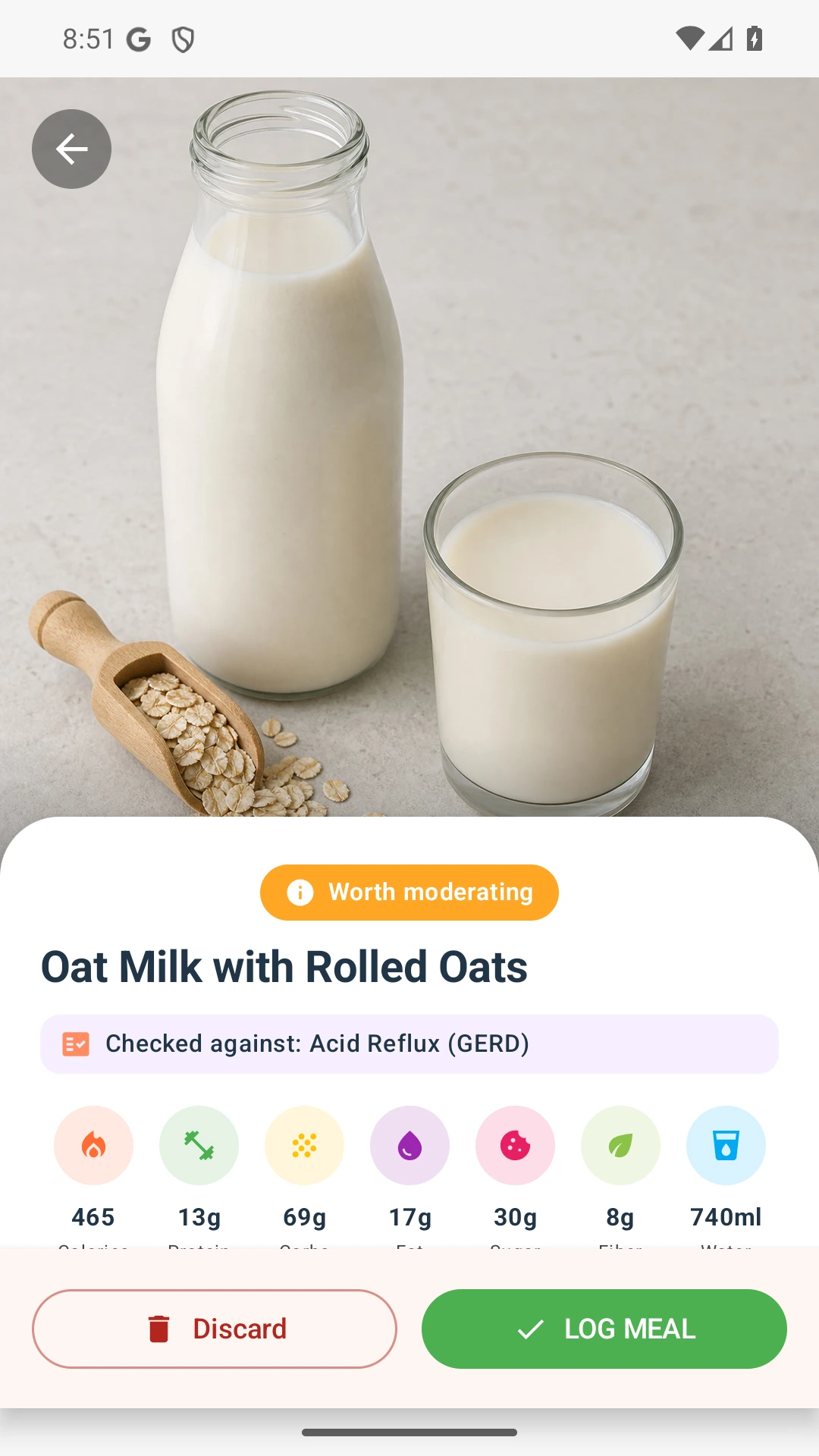 DietVox Oat Milk scan showing an AMBER acid reflux rating