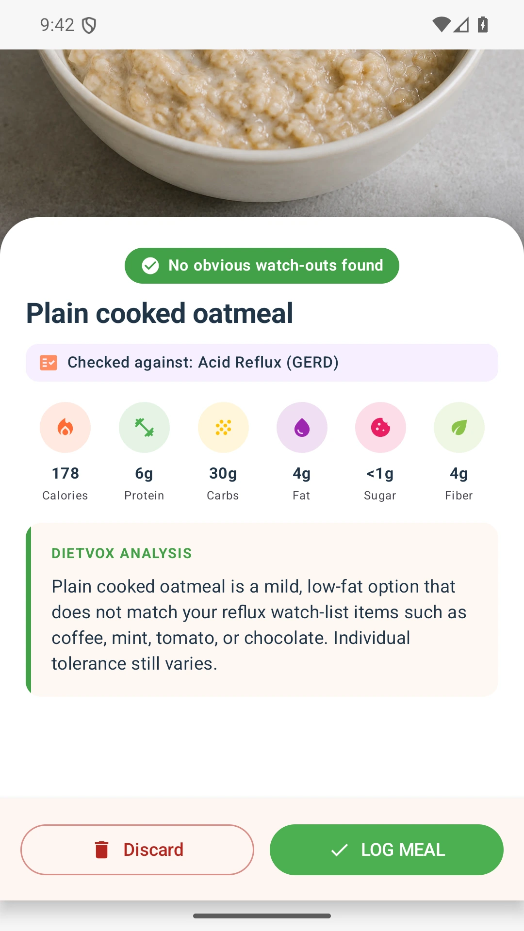 DietVox acid reflux analysis for Oatmeal with the verified rating explanation