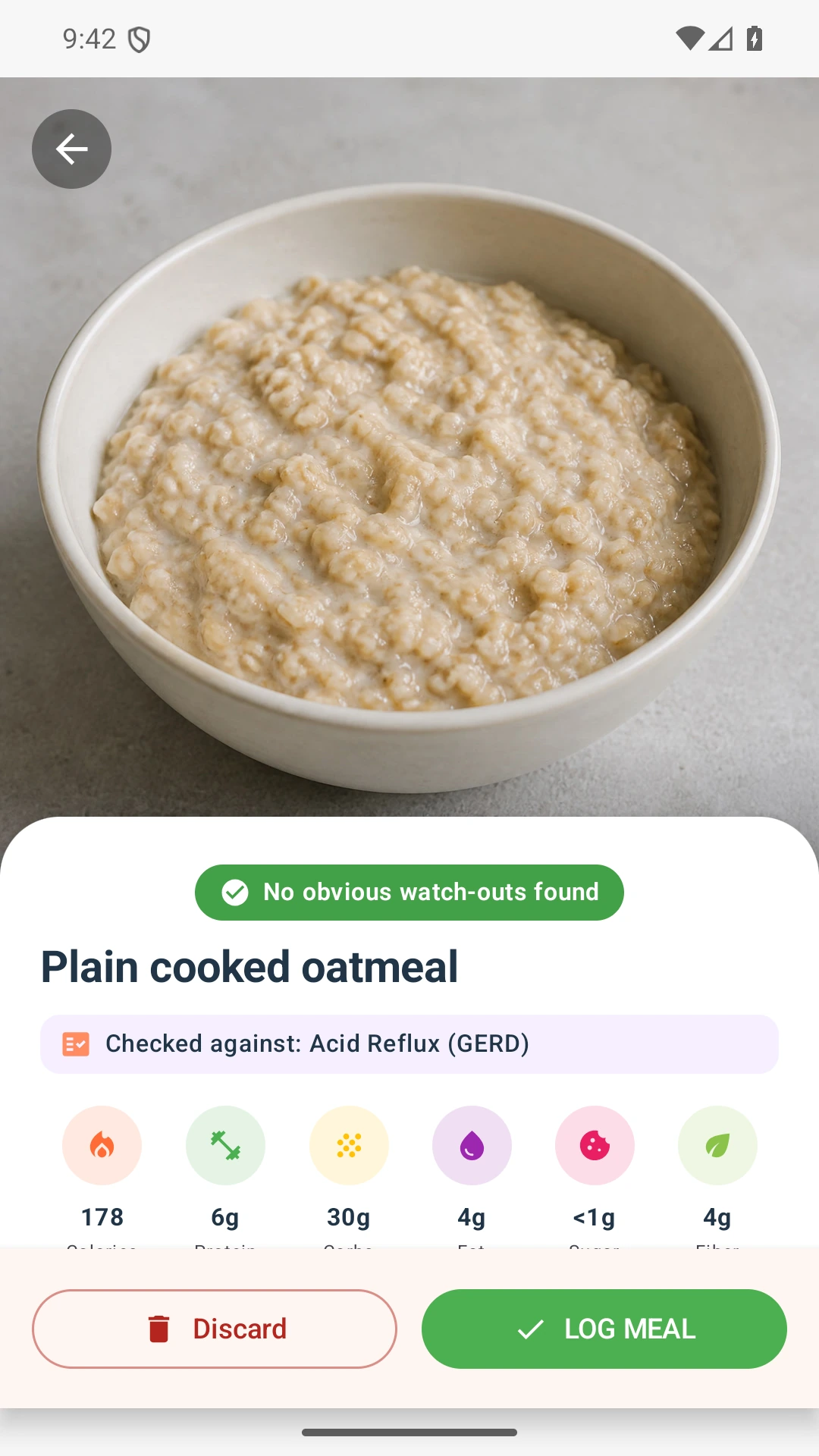 DietVox Oatmeal scan showing a GREEN acid reflux rating