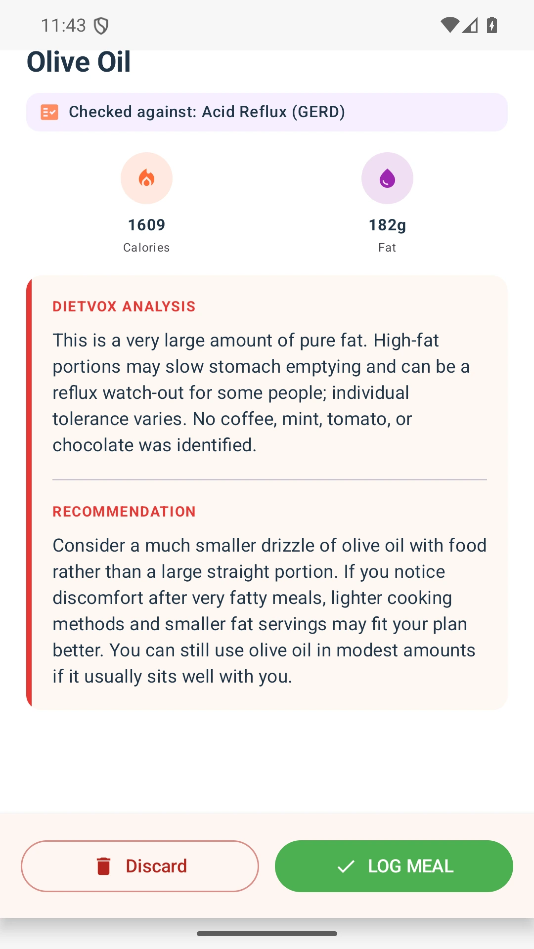 DietVox acid reflux analysis for Olive Oil with the verified rating explanation