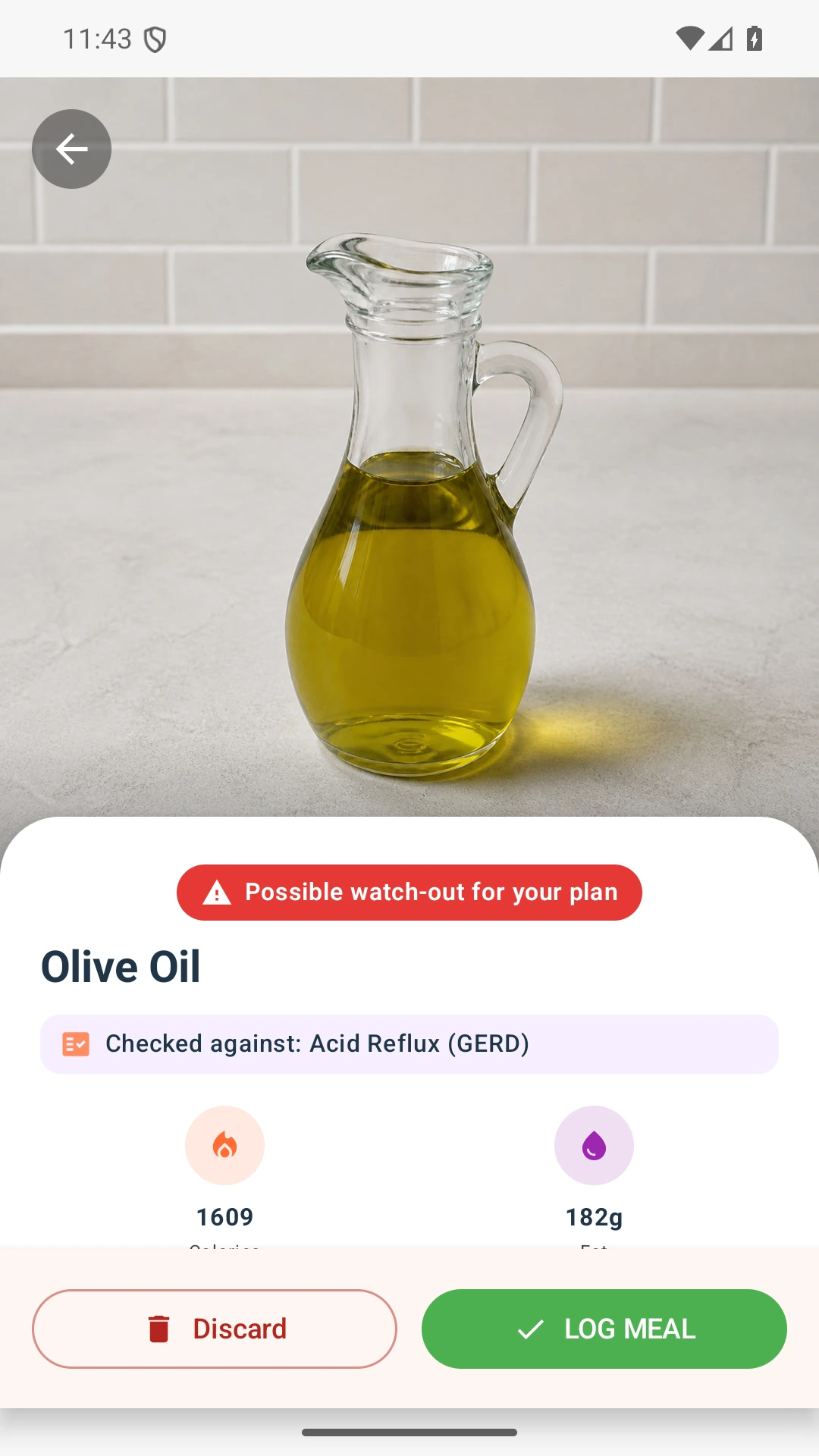 DietVox Olive Oil scan showing a RED acid reflux rating