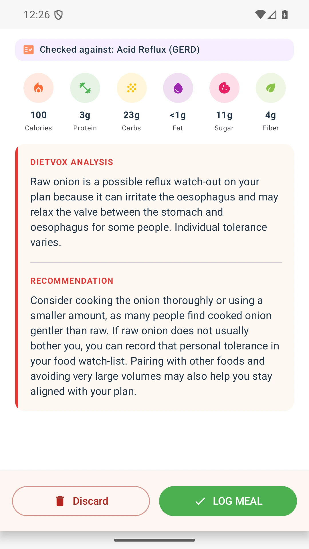 DietVox acid reflux analysis for Onion with the verified rating explanation