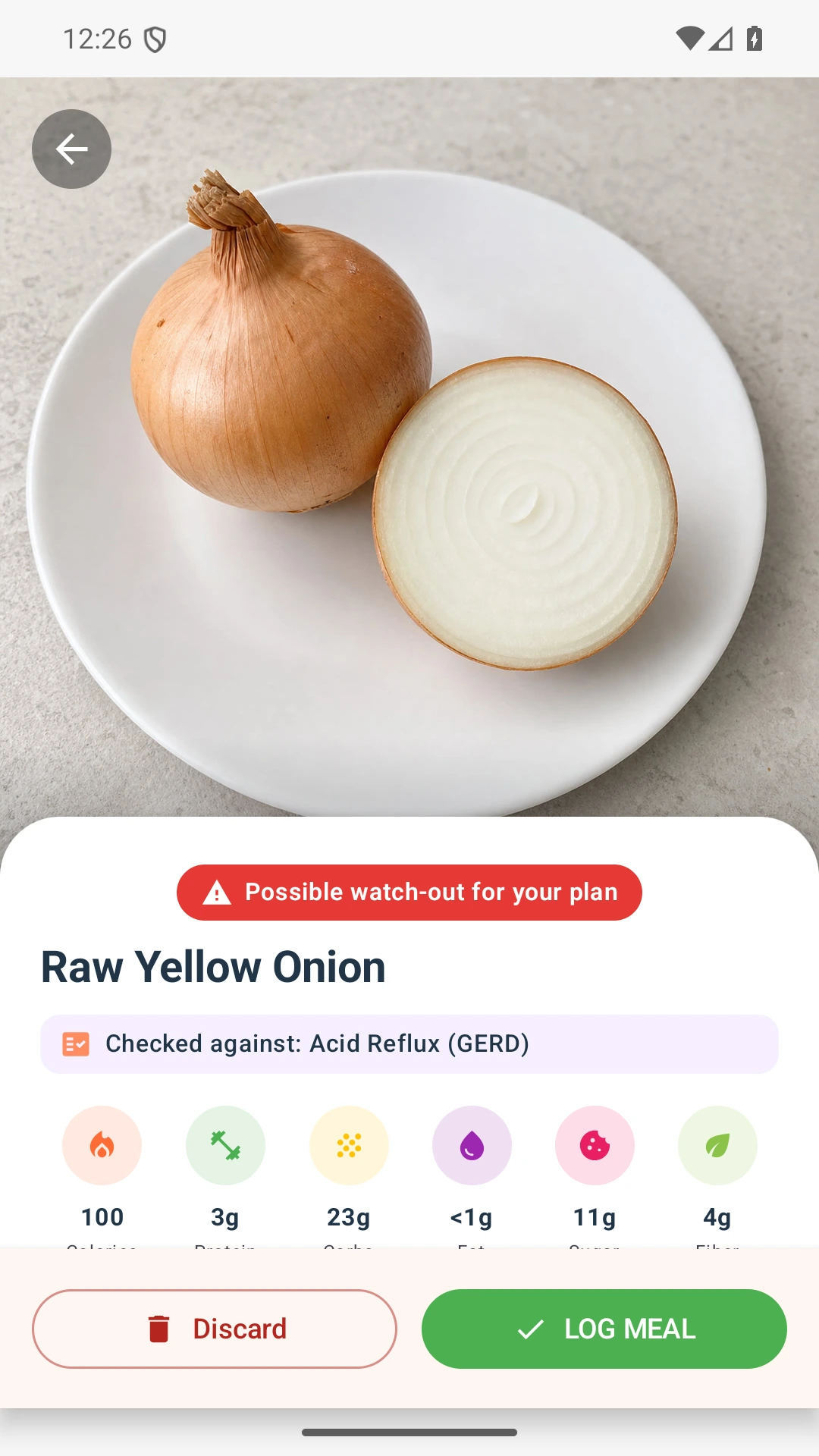 DietVox Onion scan showing a RED acid reflux rating