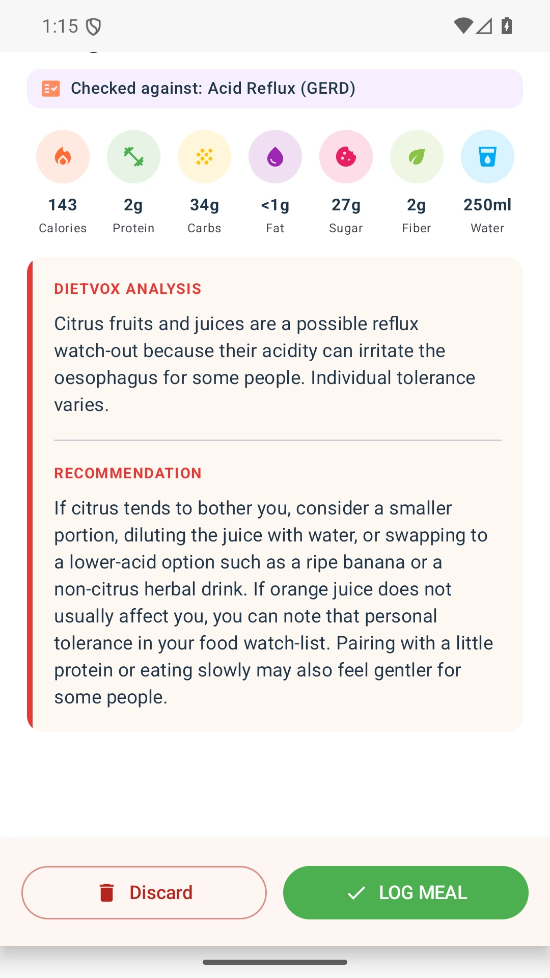 DietVox acid reflux analysis for Orange Juice with the verified rating explanation