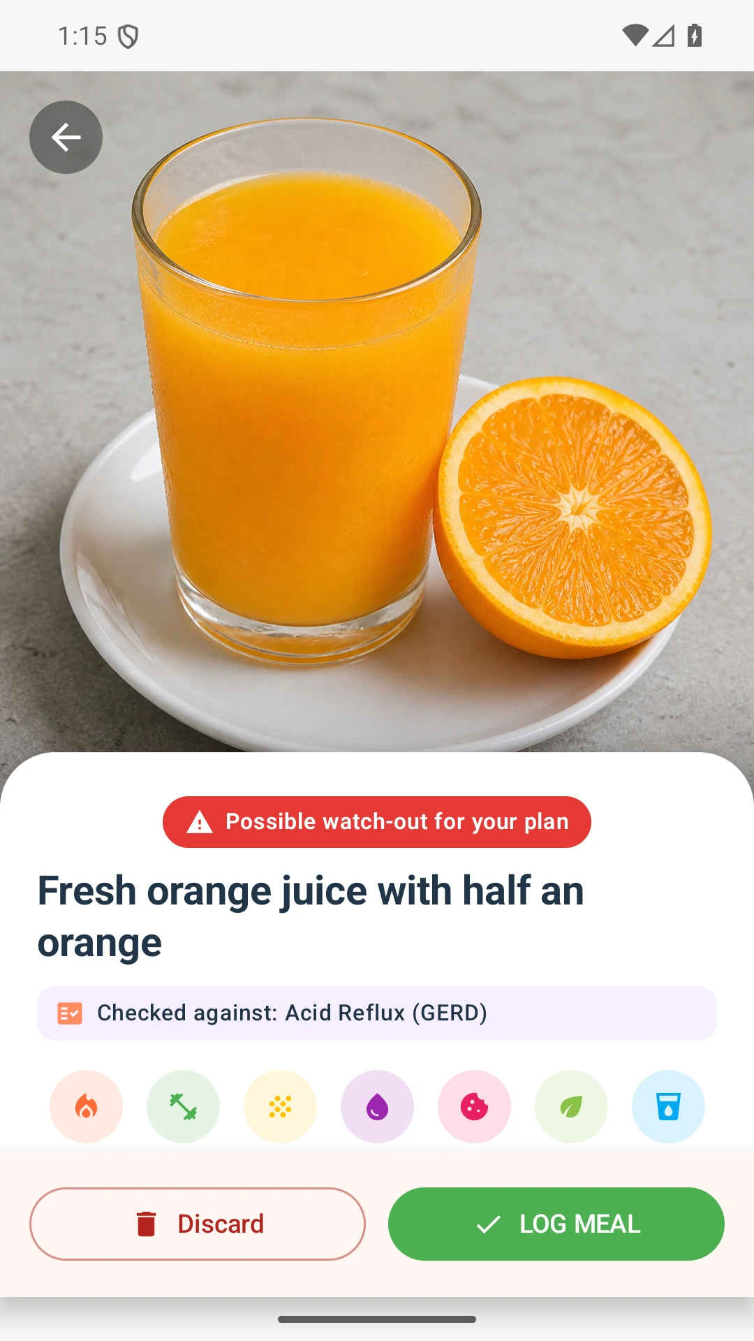 DietVox Orange Juice scan showing a RED acid reflux rating