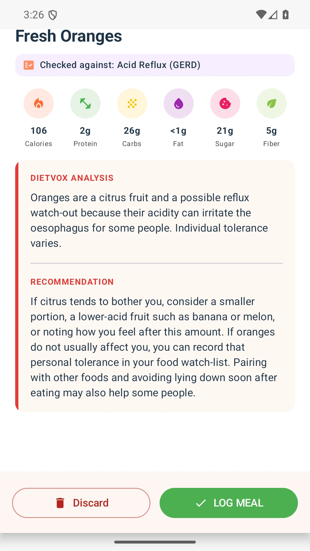 DietVox acid reflux analysis for Orange with the verified rating explanation