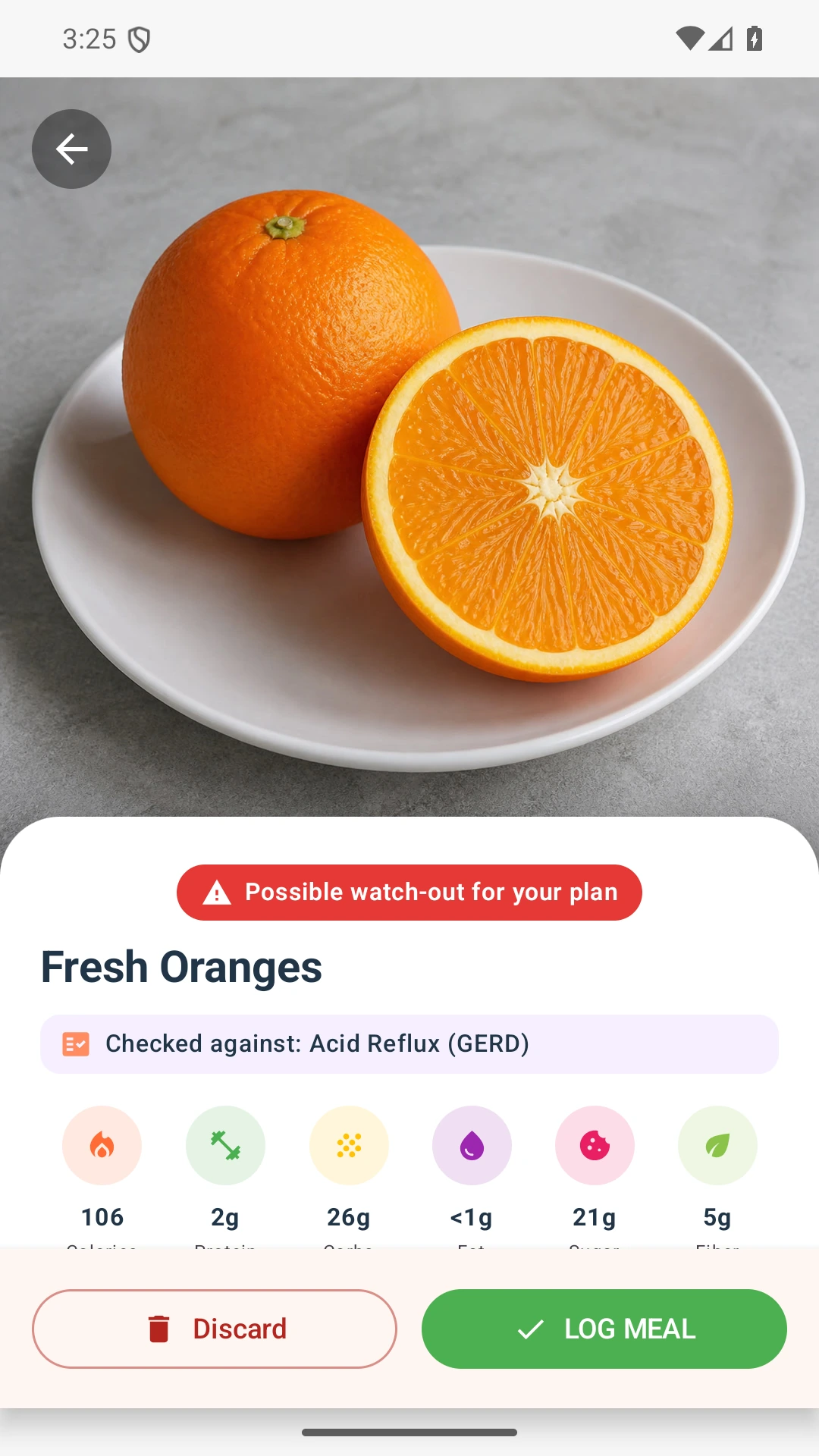 DietVox Orange scan showing a RED acid reflux rating