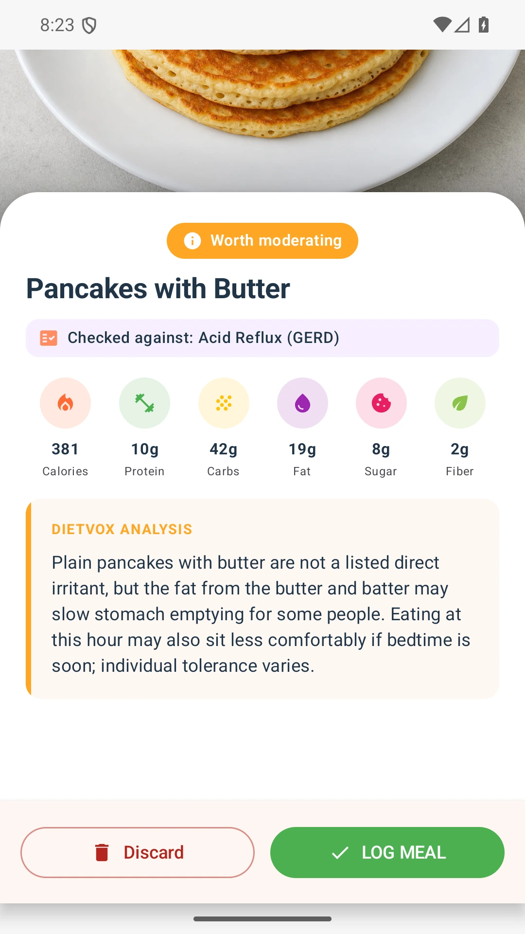 DietVox acid reflux analysis for Pancakes with the verified rating explanation