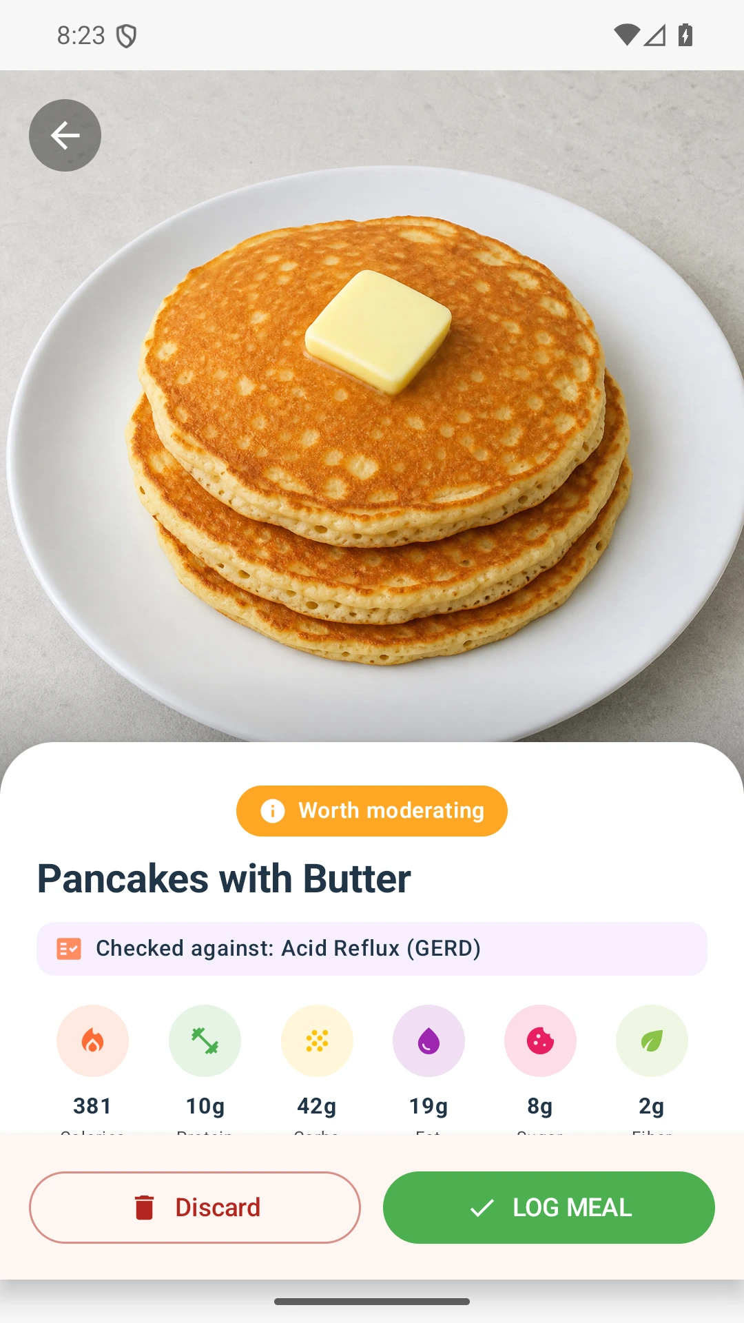 DietVox Pancakes scan showing an AMBER acid reflux rating