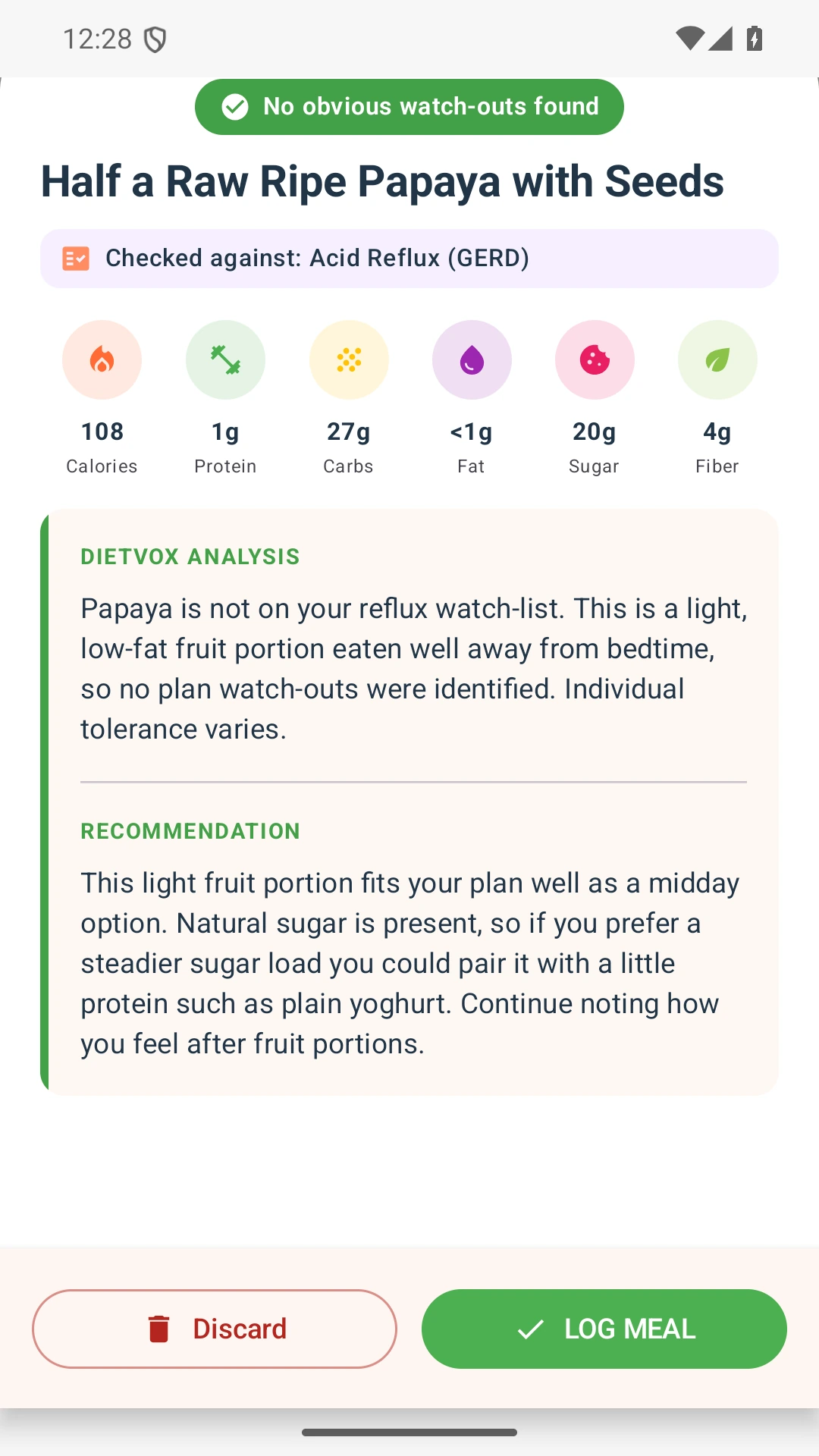 DietVox acid reflux analysis for Papaya with the verified rating explanation