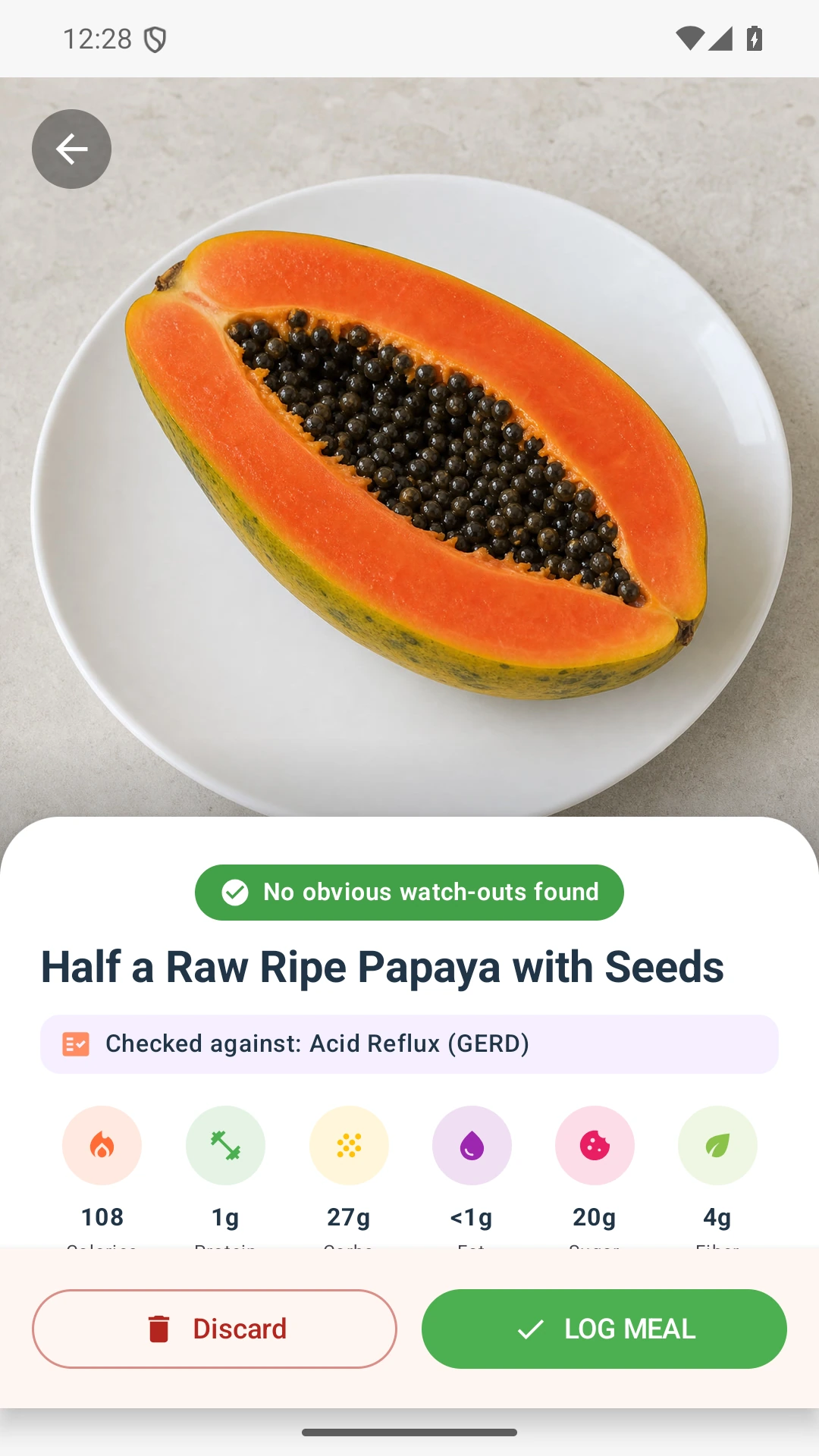 DietVox Papaya scan showing a GREEN acid reflux rating