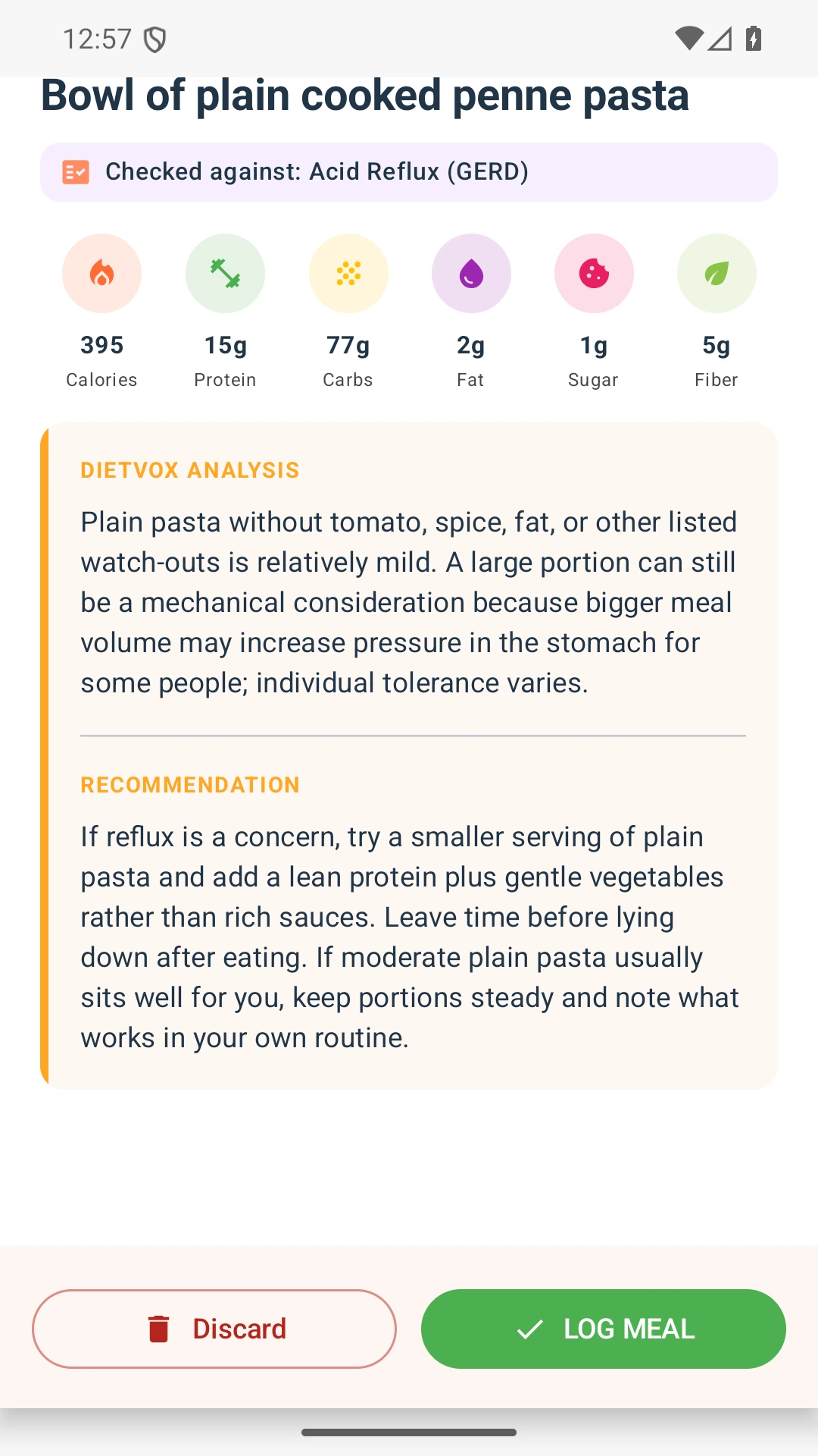 DietVox acid reflux analysis for Pasta with the verified rating explanation