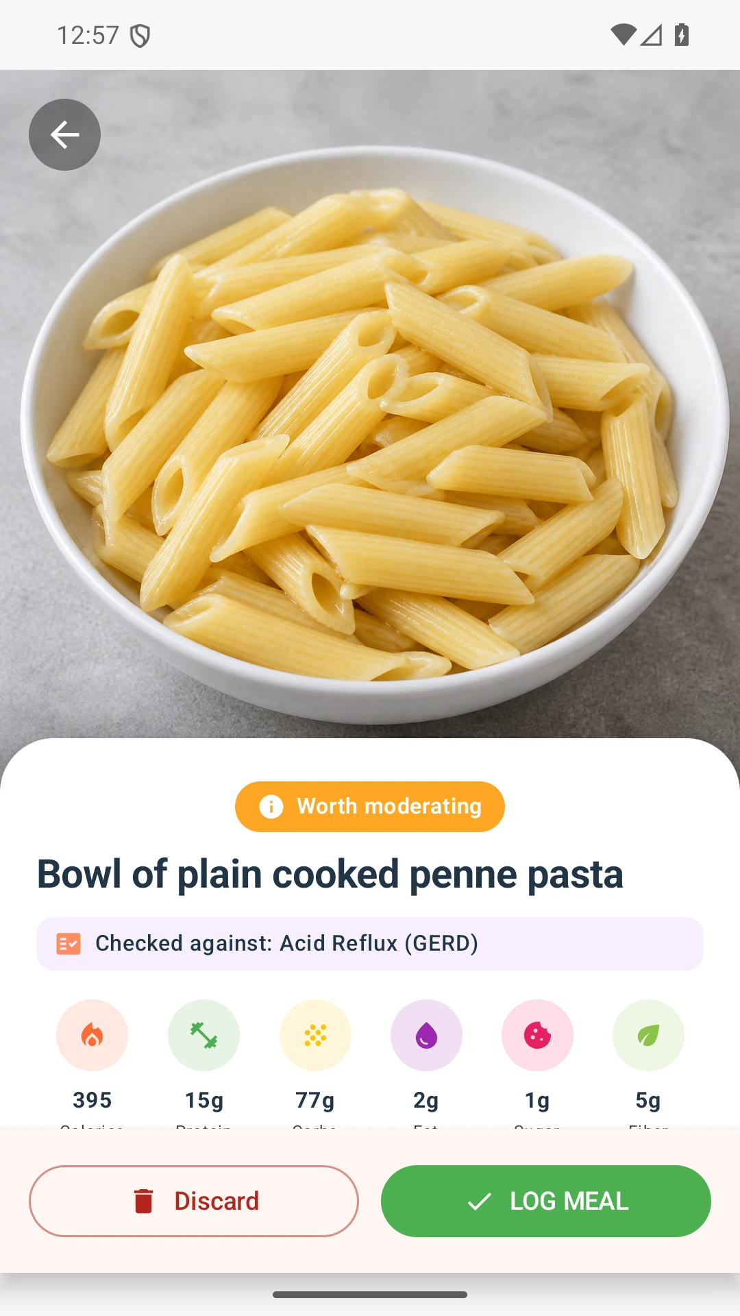 DietVox Pasta scan showing an AMBER acid reflux rating