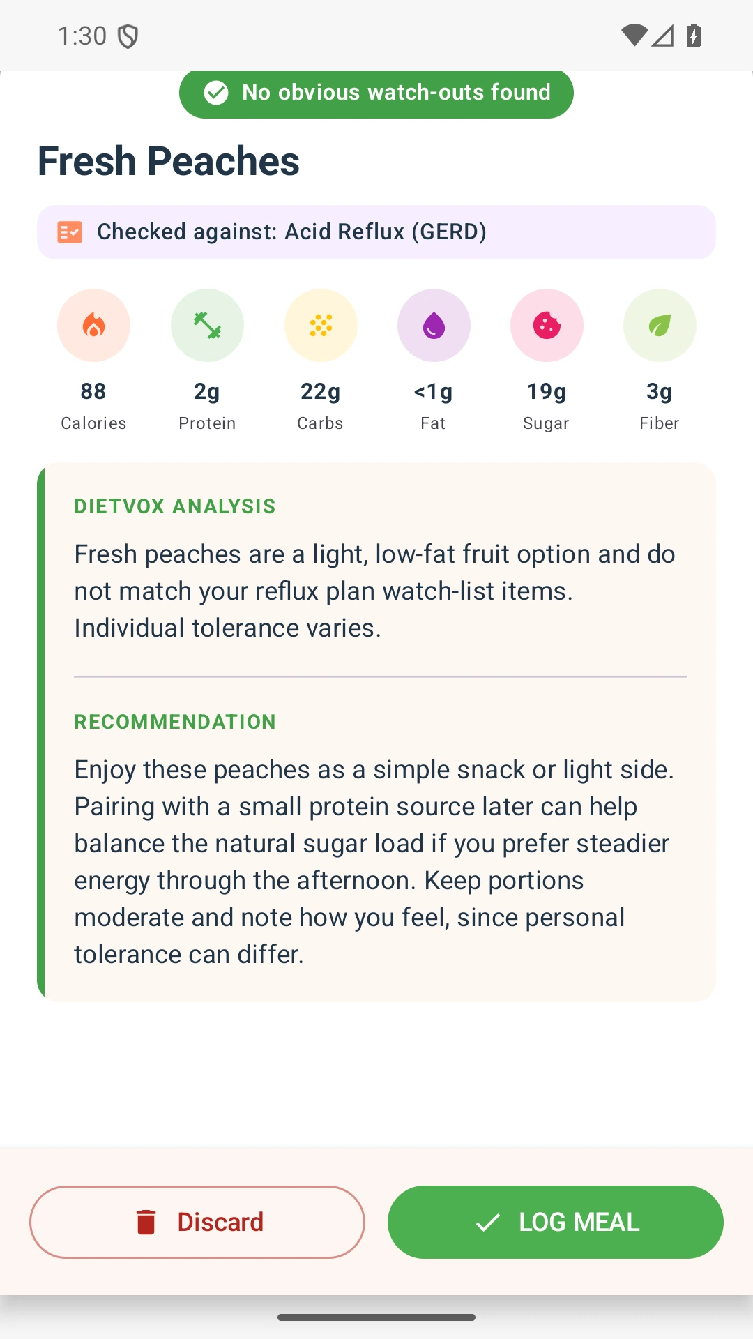 DietVox acid reflux analysis for Peach with the verified rating explanation
