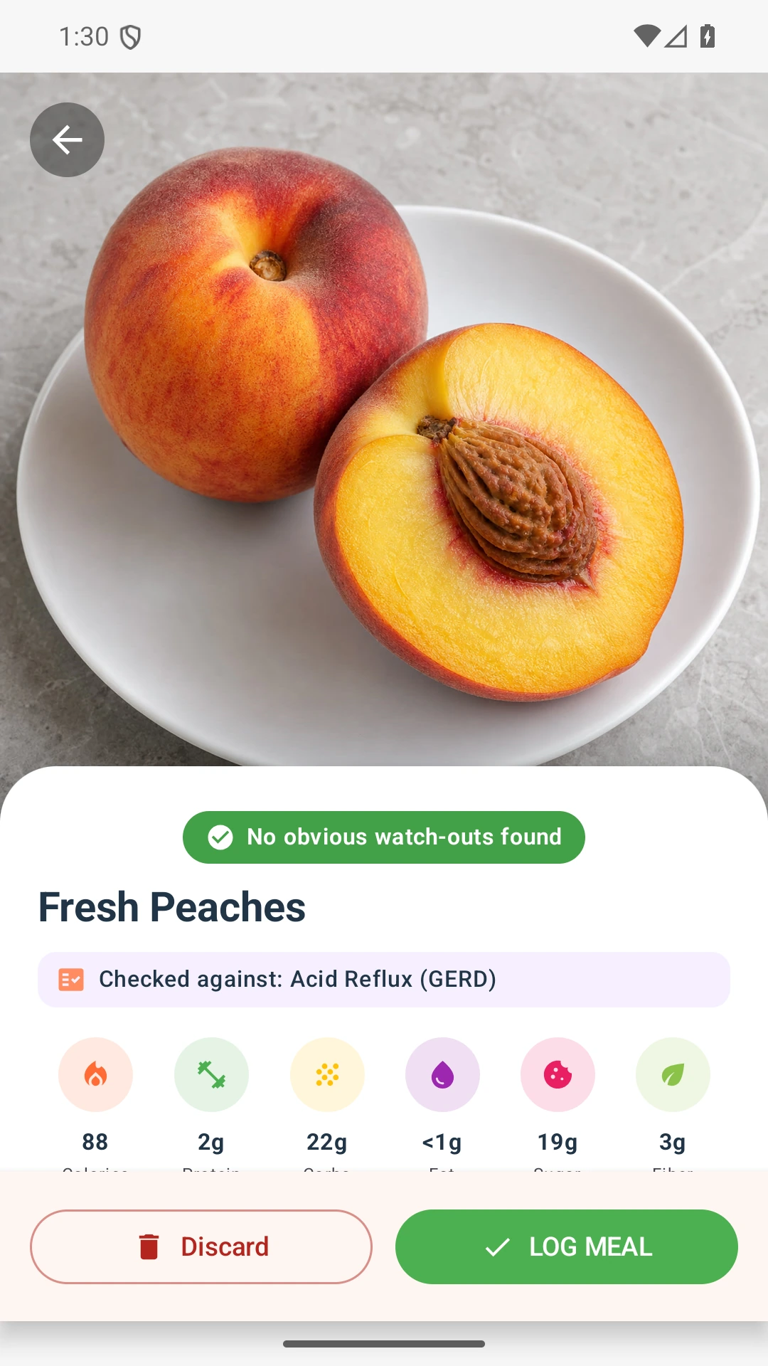 DietVox Peach scan showing a GREEN acid reflux rating