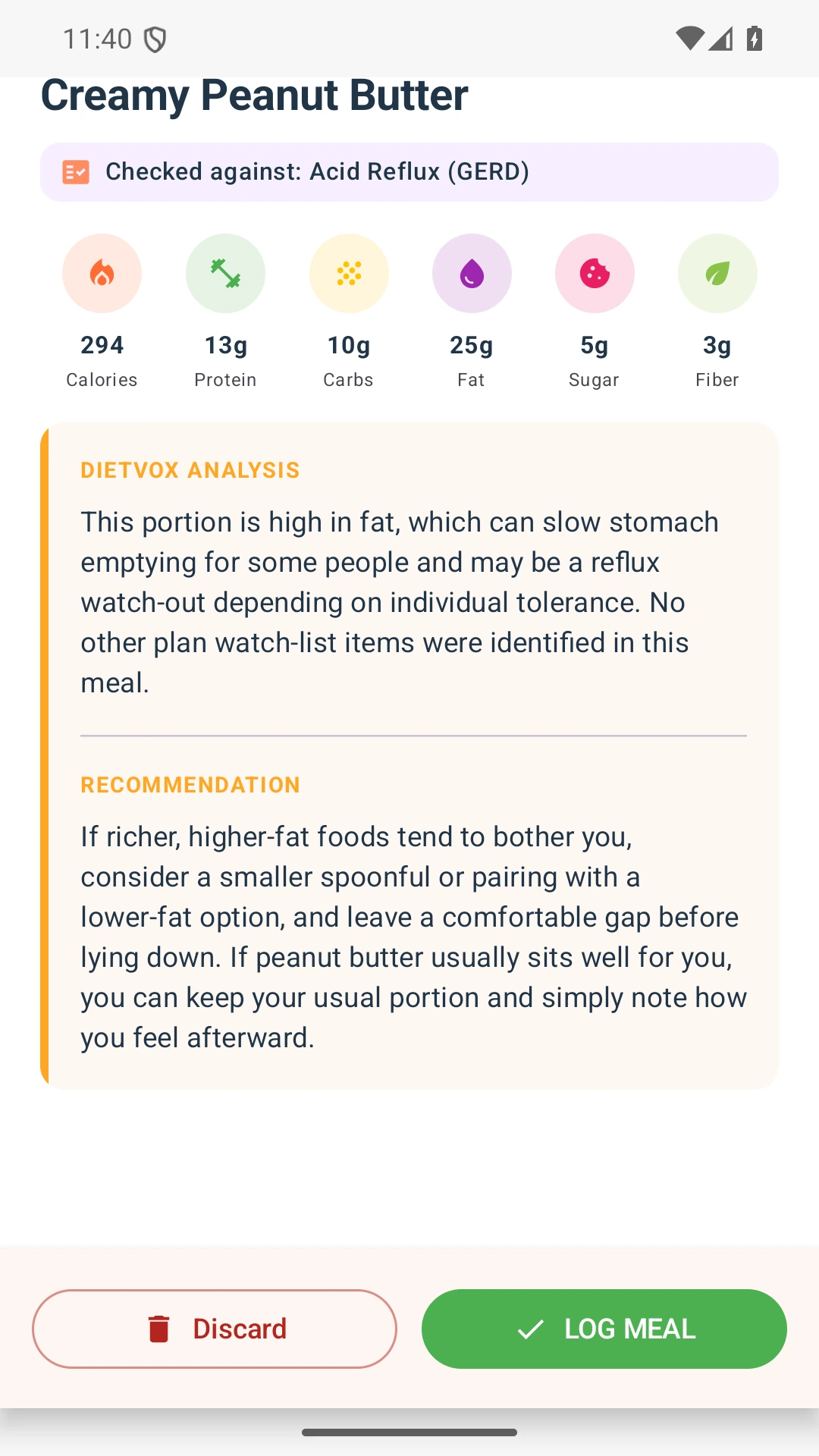 DietVox acid reflux analysis for Peanut Butter with the verified rating explanation