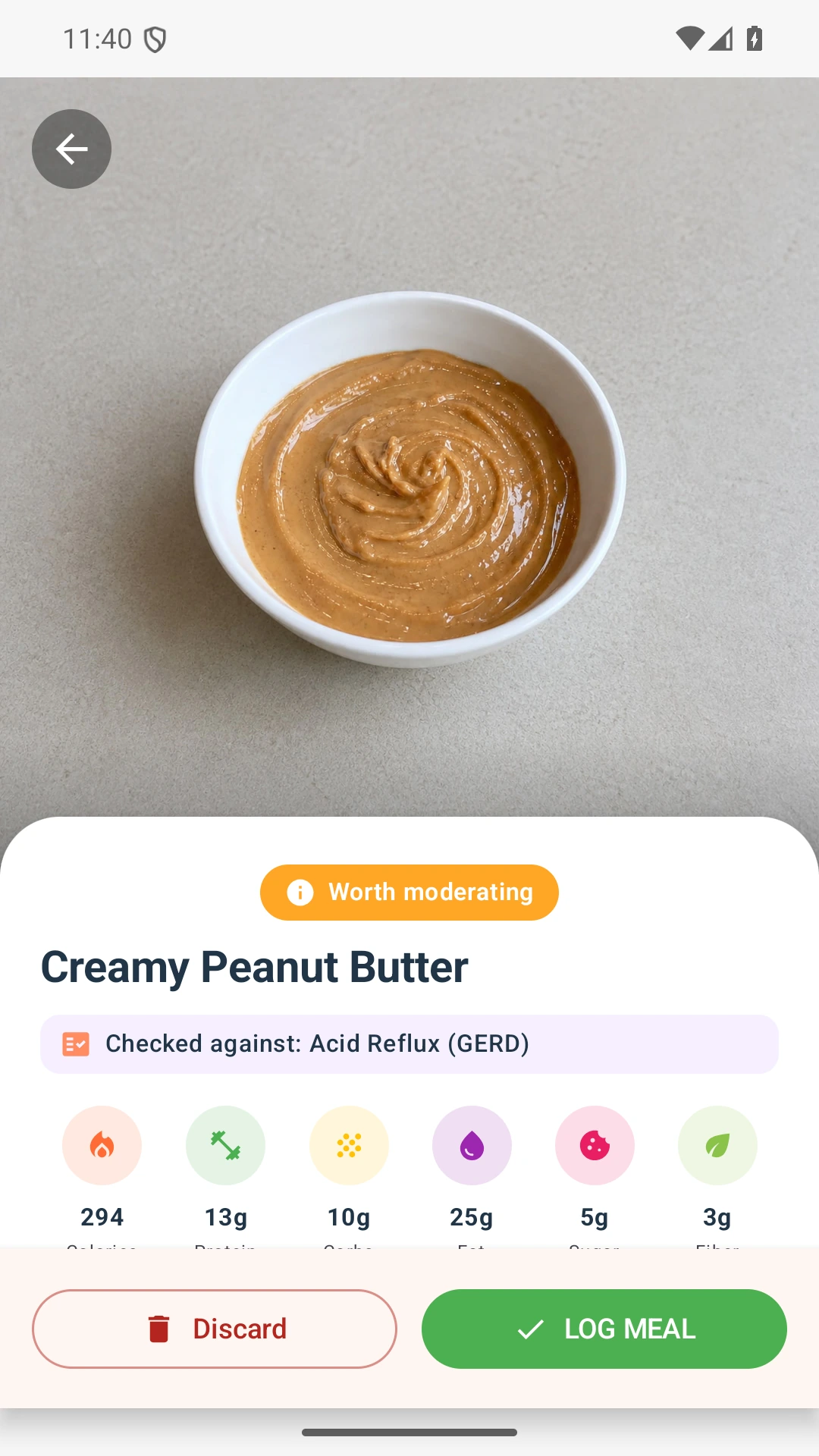DietVox Peanut Butter scan showing an AMBER acid reflux rating