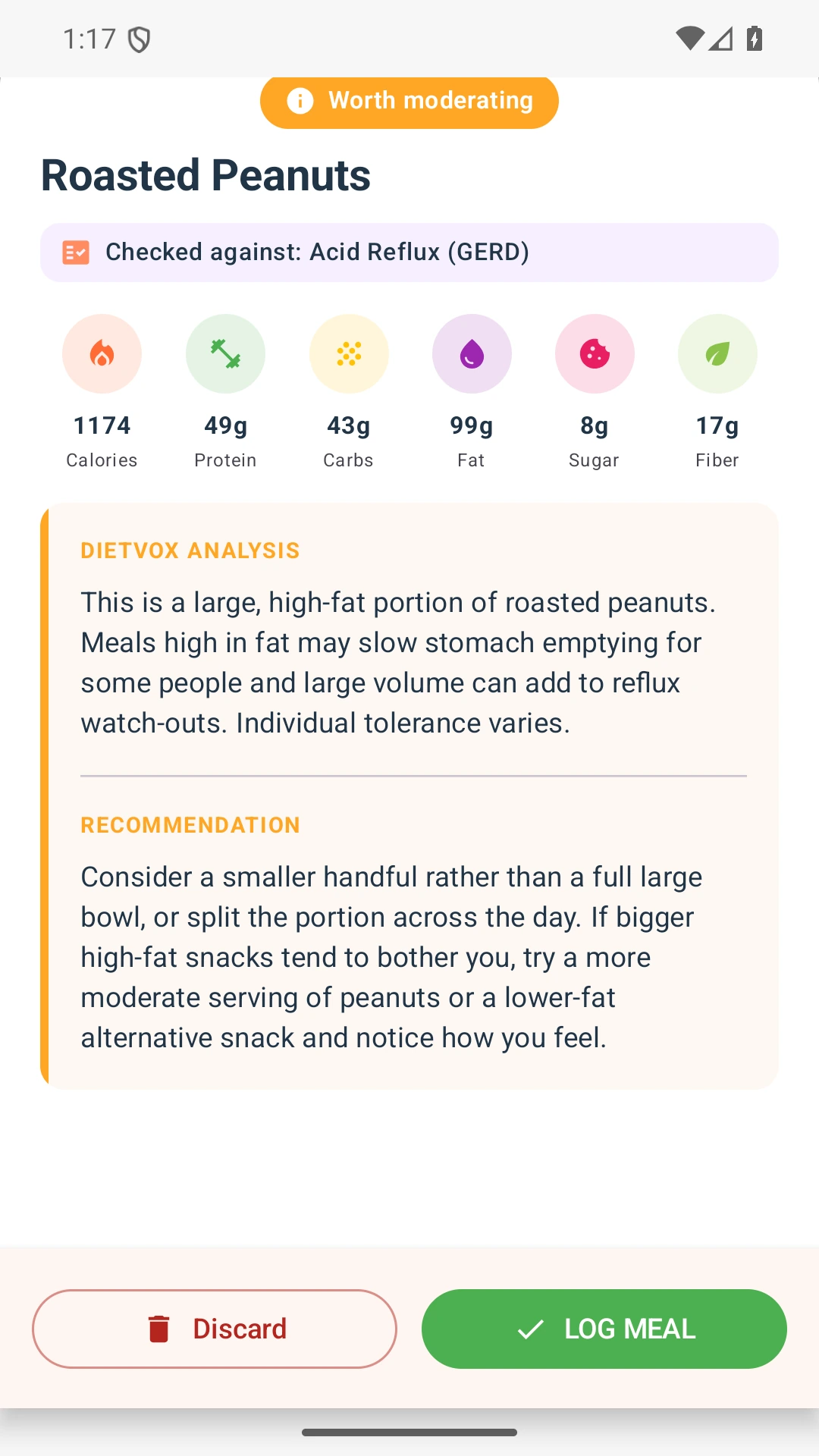 DietVox acid reflux analysis for Peanuts with the verified rating explanation
