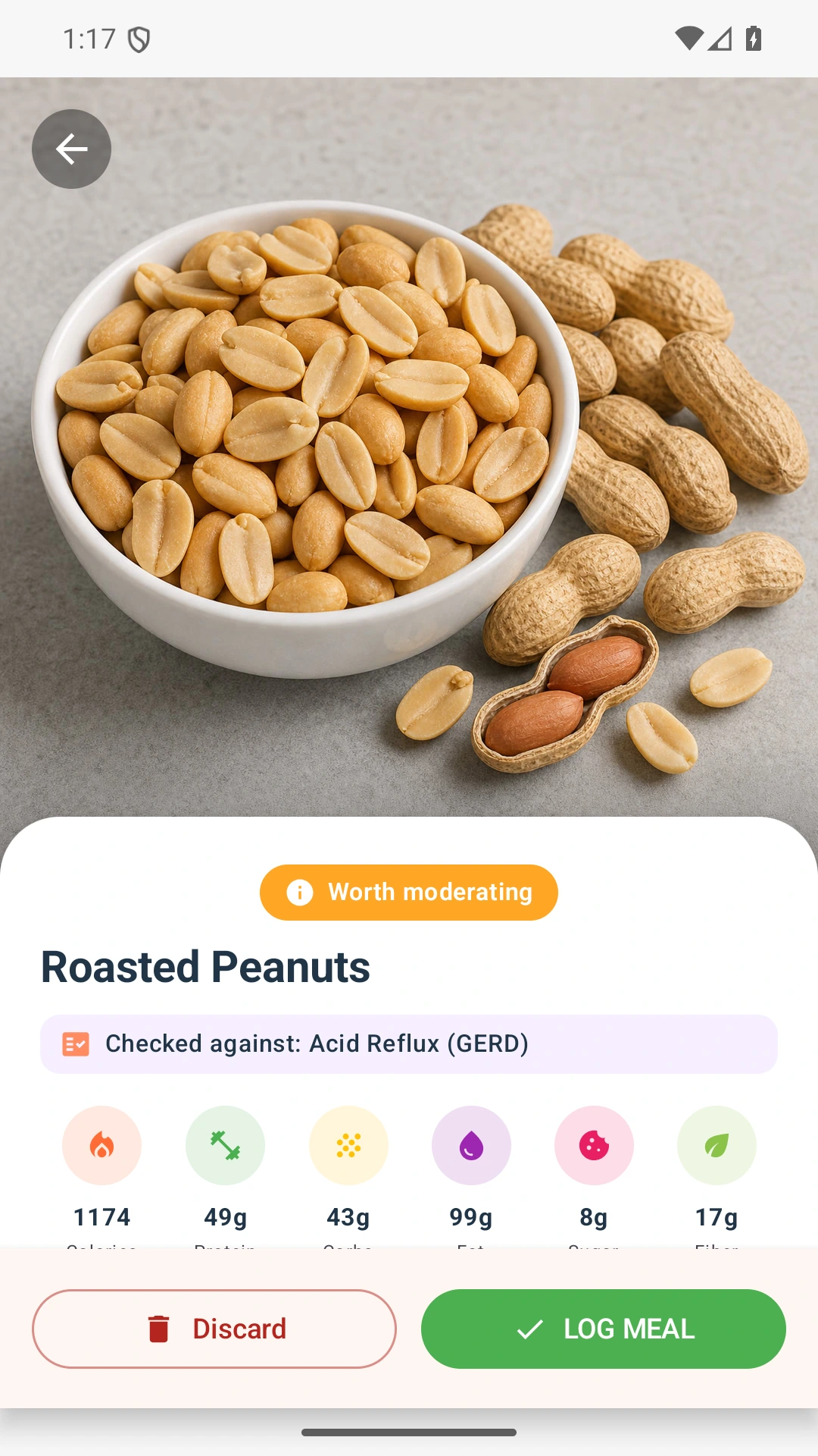 DietVox Peanuts scan showing an AMBER acid reflux rating