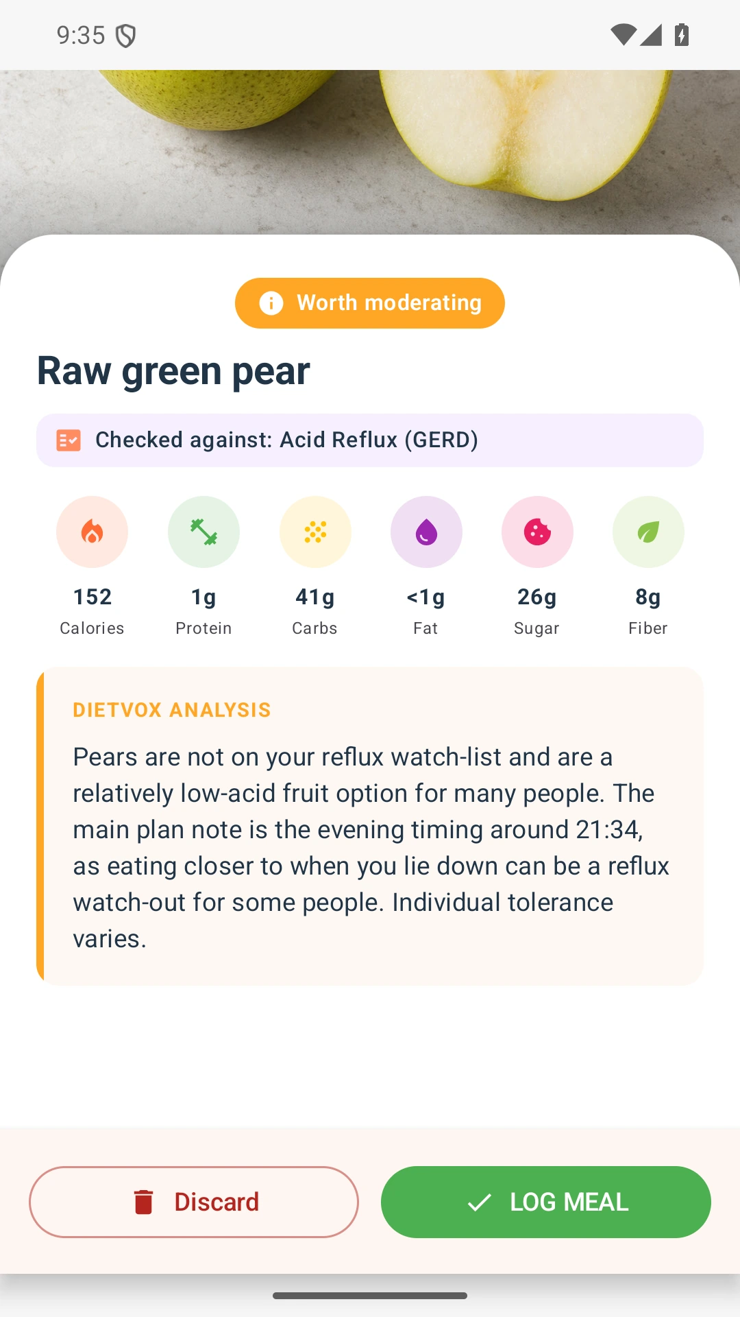 DietVox acid reflux analysis for Pear with the verified rating explanation