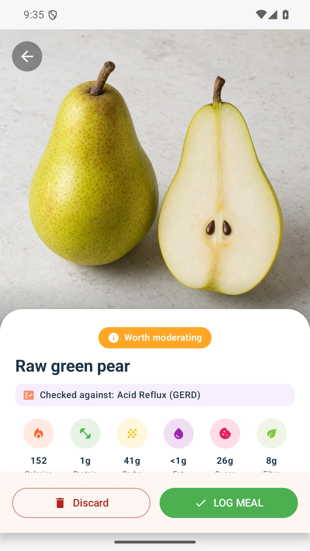 DietVox Pear scan showing an AMBER acid reflux rating