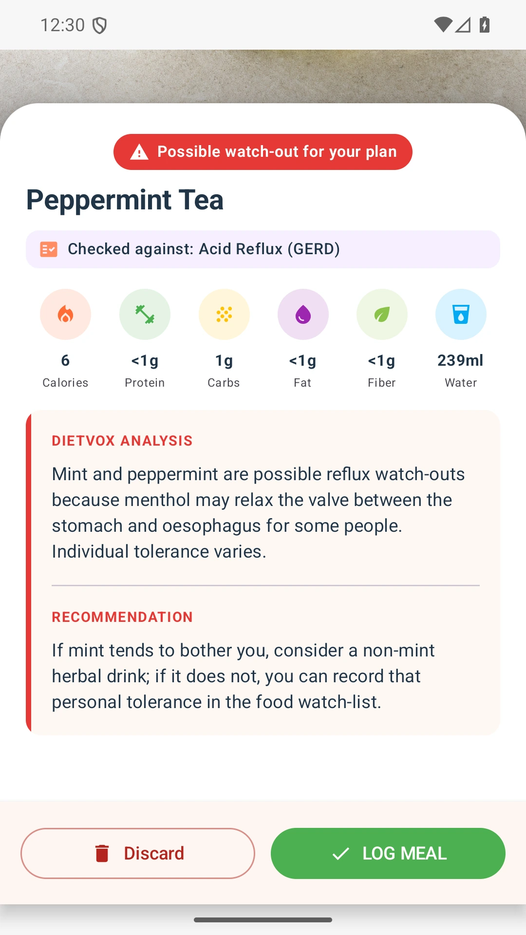 DietVox acid reflux analysis for Peppermint Tea with the verified rating explanation