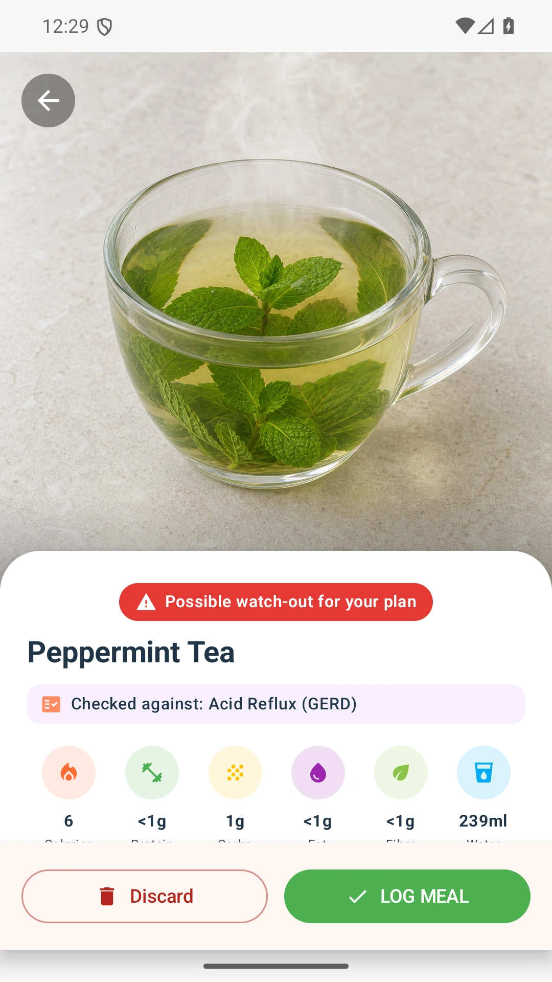 DietVox Peppermint Tea scan showing a RED acid reflux rating