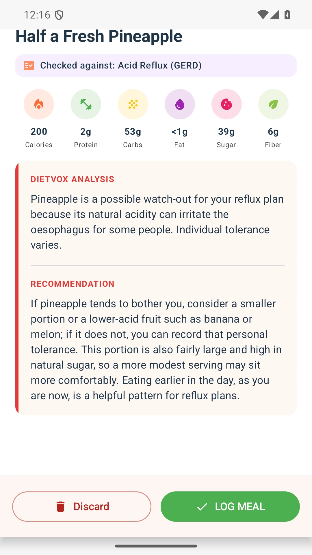 DietVox acid reflux analysis for Pineapple with the verified rating explanation
