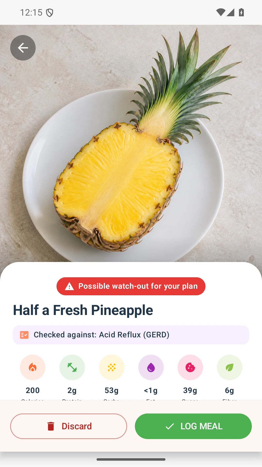 DietVox Pineapple scan showing a RED acid reflux rating