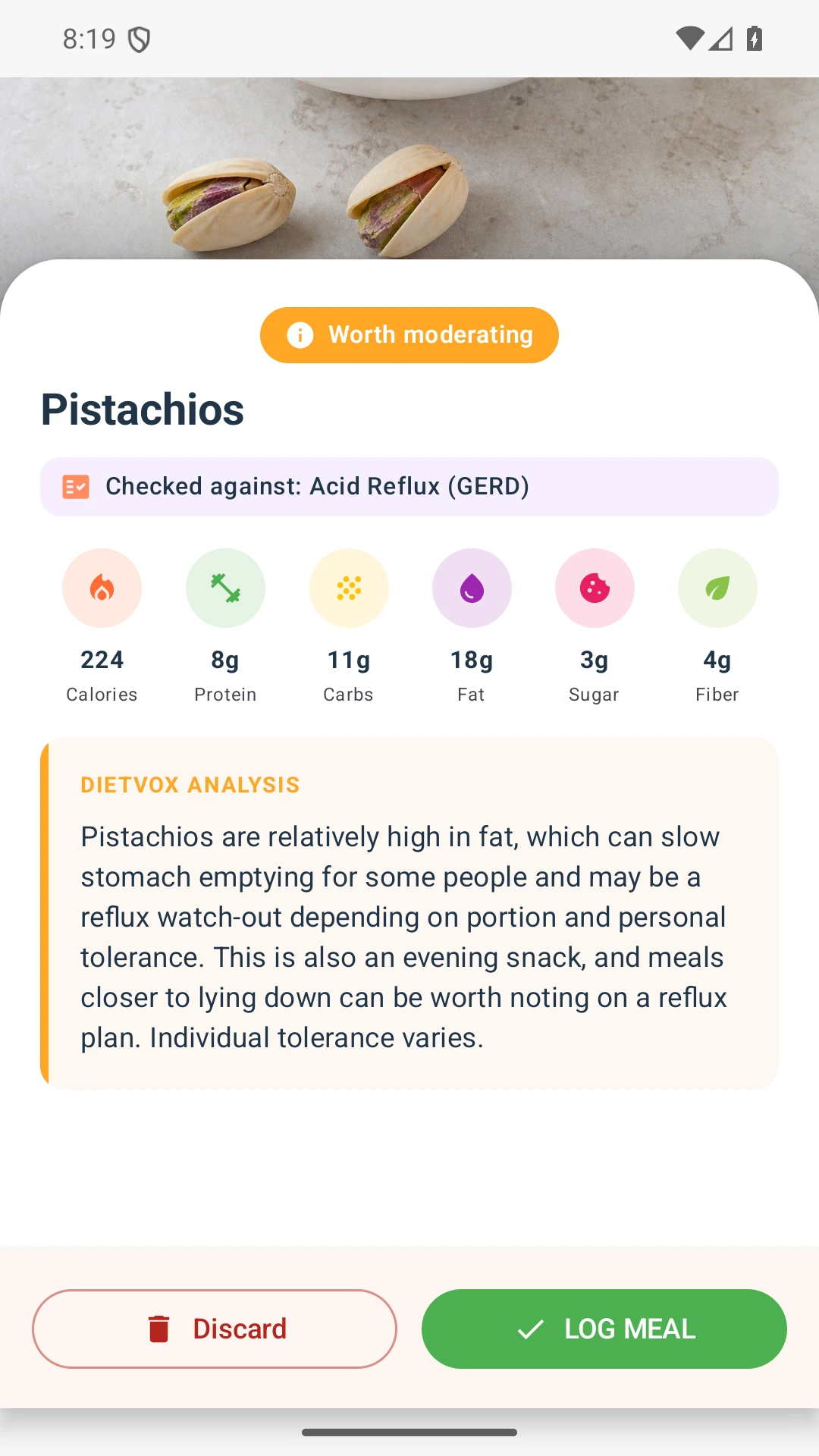 DietVox acid reflux analysis for Pistachios with the verified rating explanation