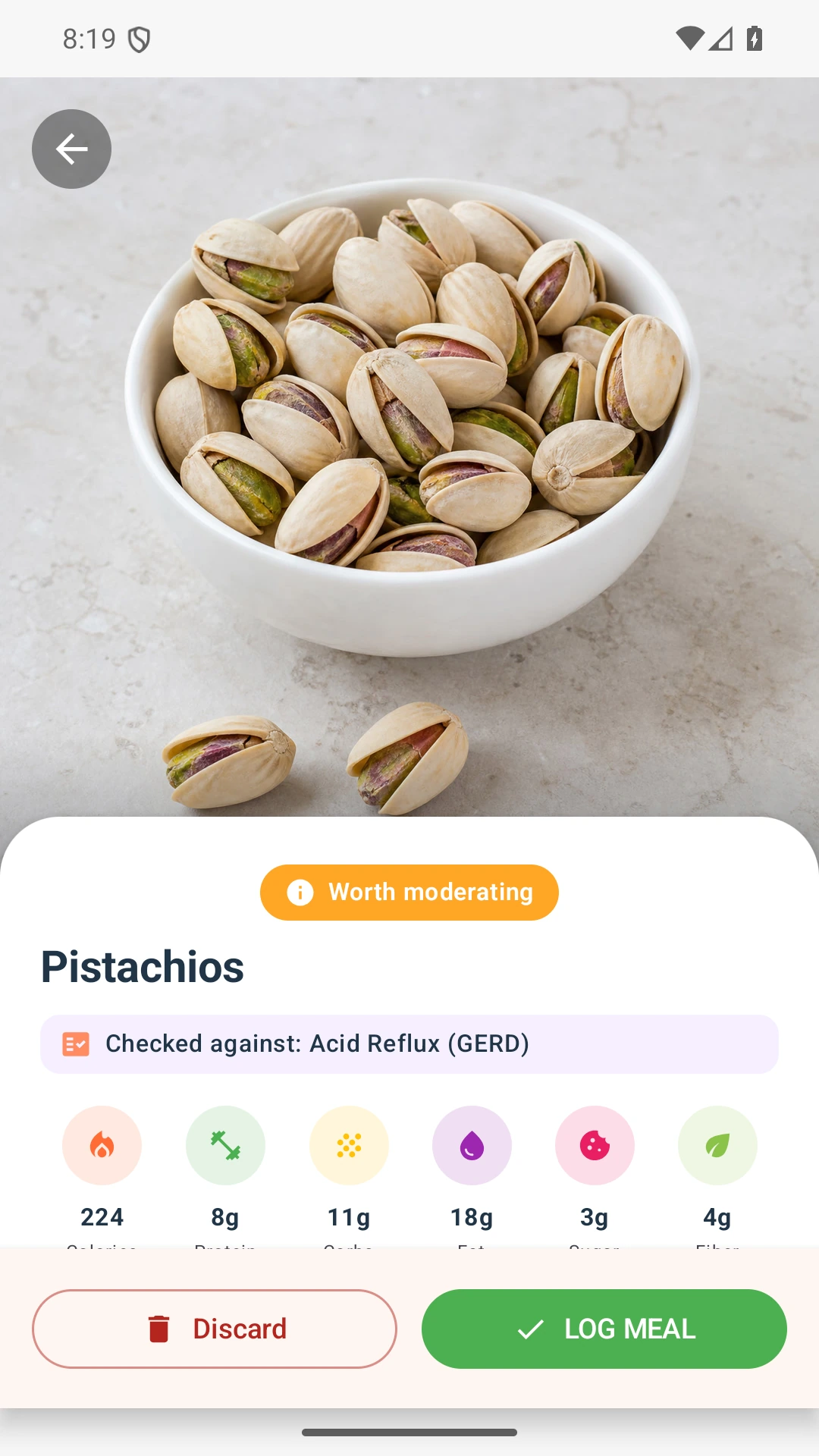 DietVox Pistachios scan showing an AMBER acid reflux rating