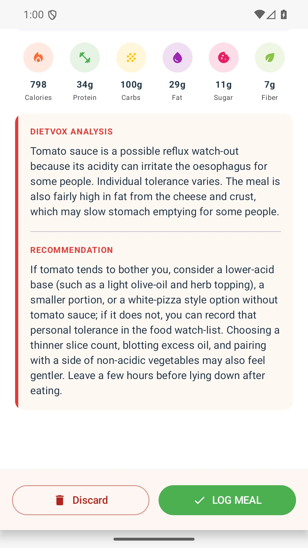 DietVox acid reflux analysis for Pizza with the verified rating explanation