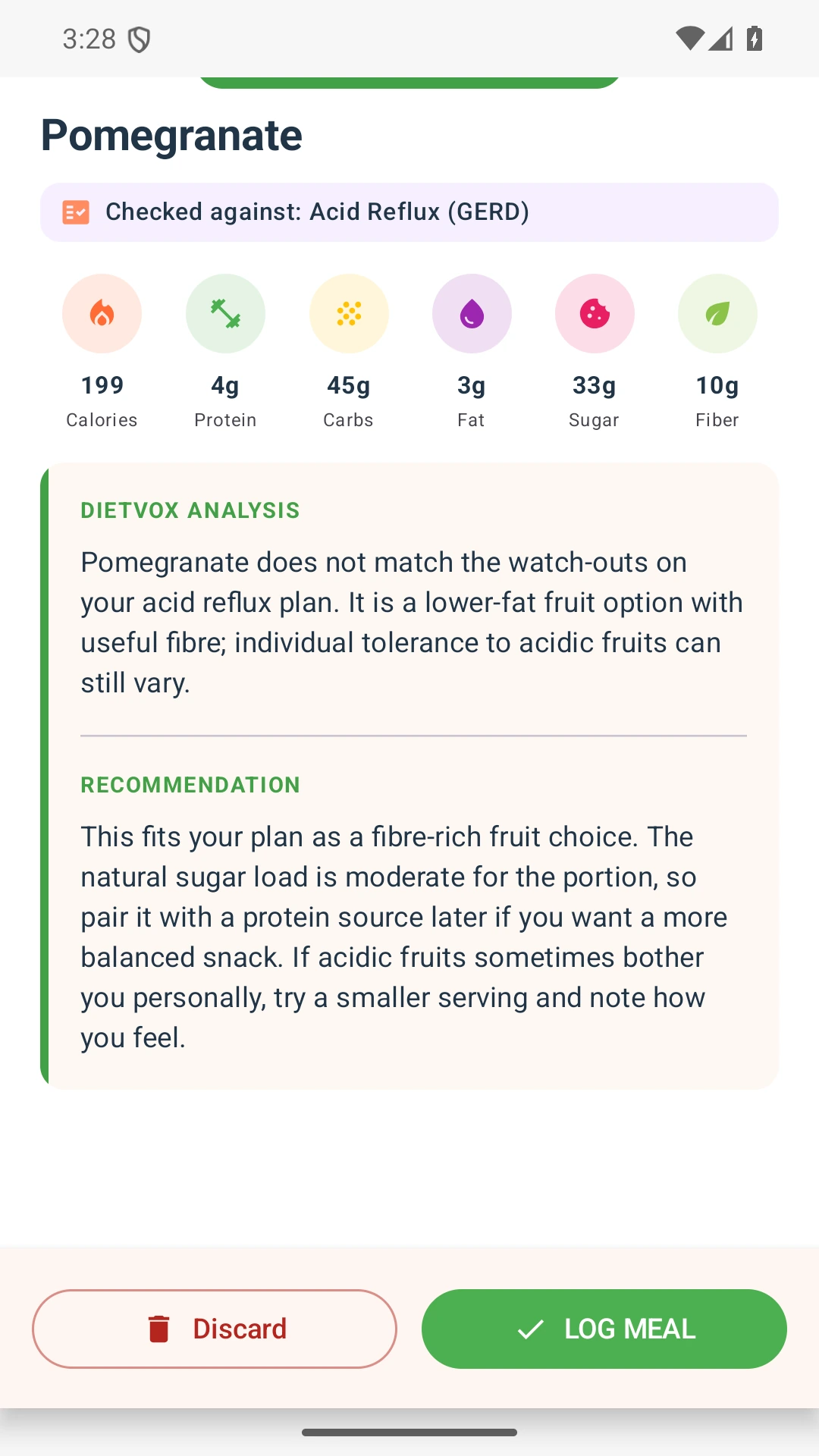 DietVox acid reflux analysis for Pomegranate with the verified rating explanation