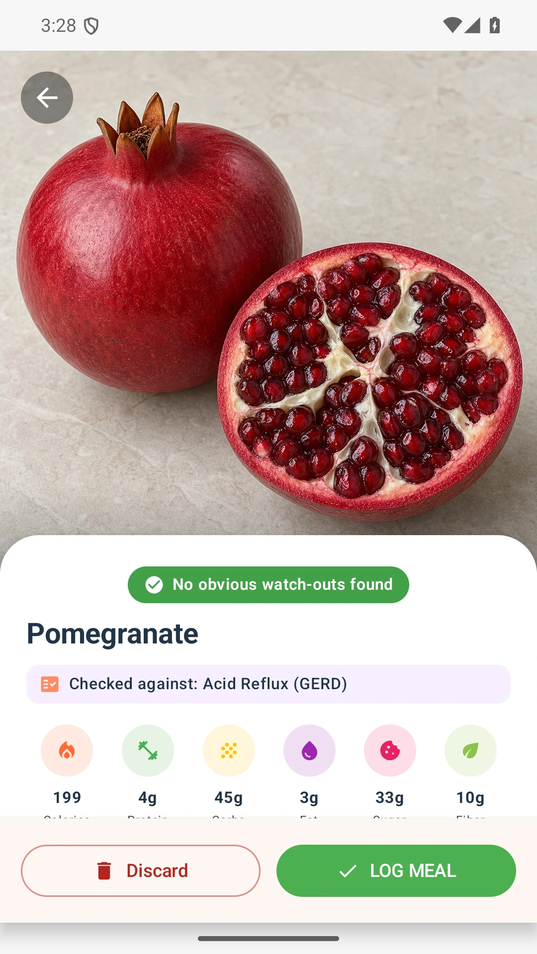 DietVox Pomegranate scan showing a GREEN acid reflux rating
