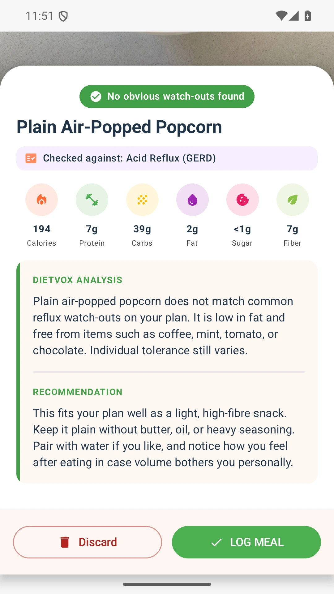 DietVox acid reflux analysis for Popcorn with the verified rating explanation