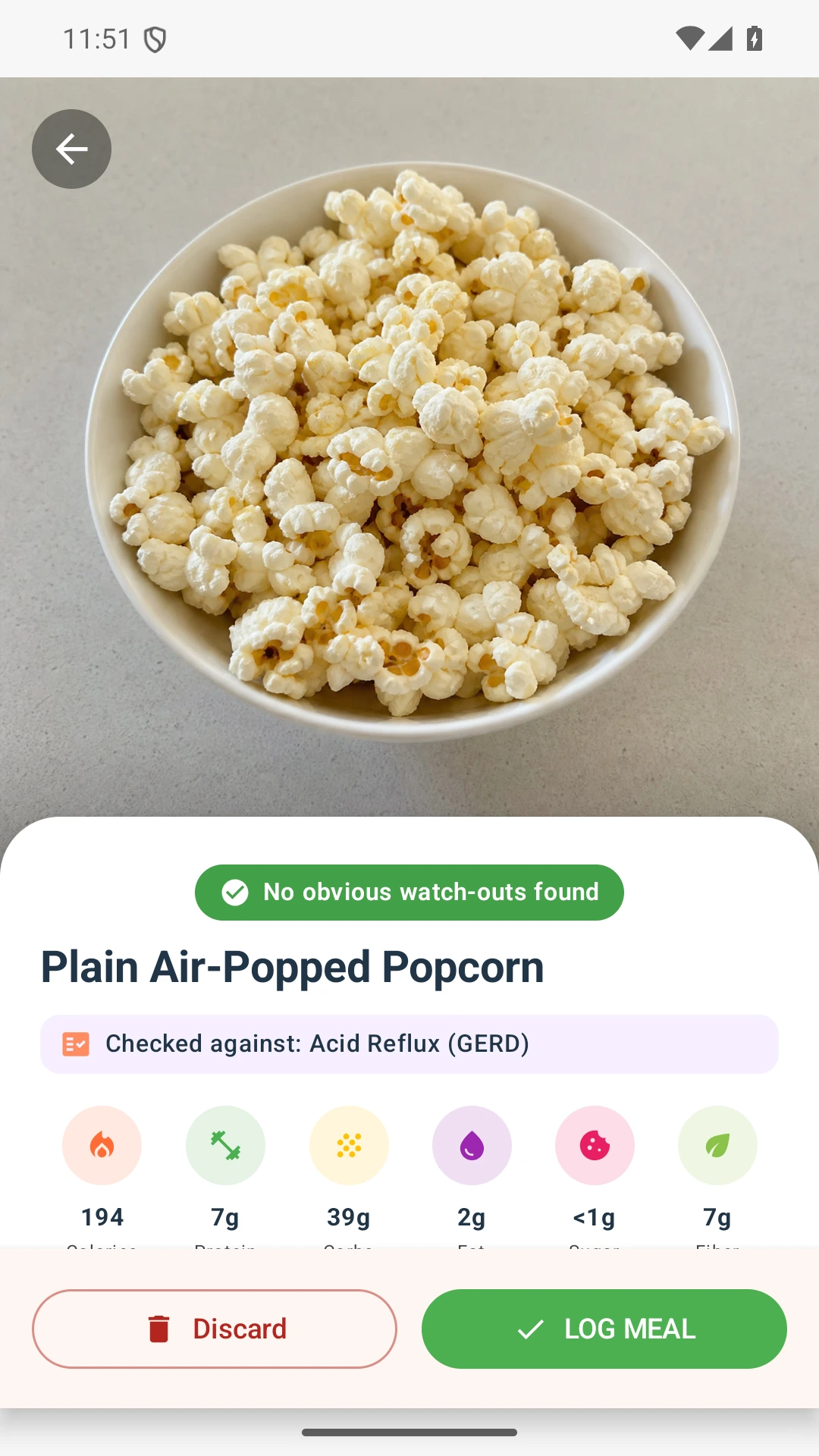 DietVox Popcorn scan showing a GREEN acid reflux rating