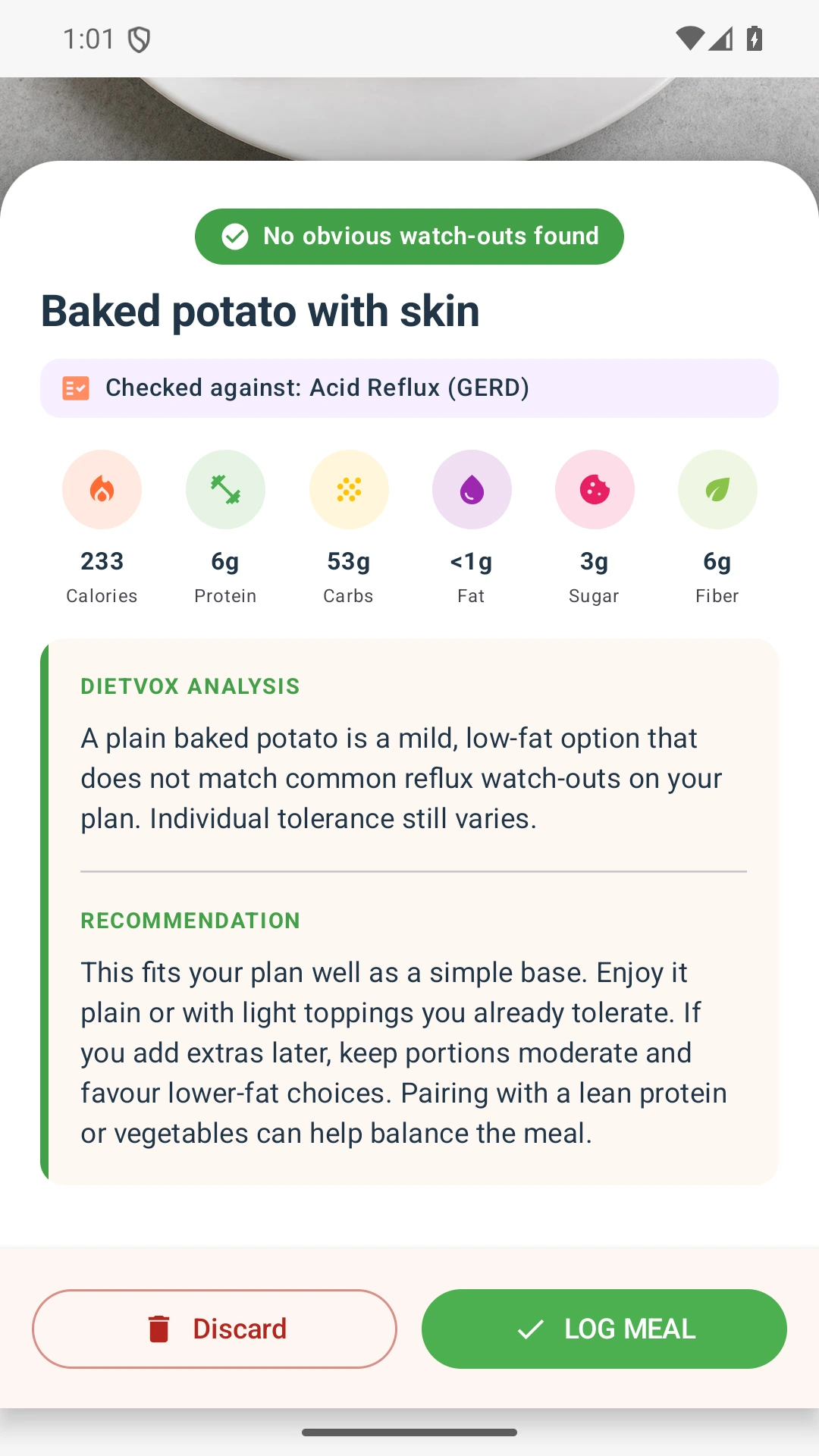 DietVox acid reflux analysis for Potato with the verified rating explanation