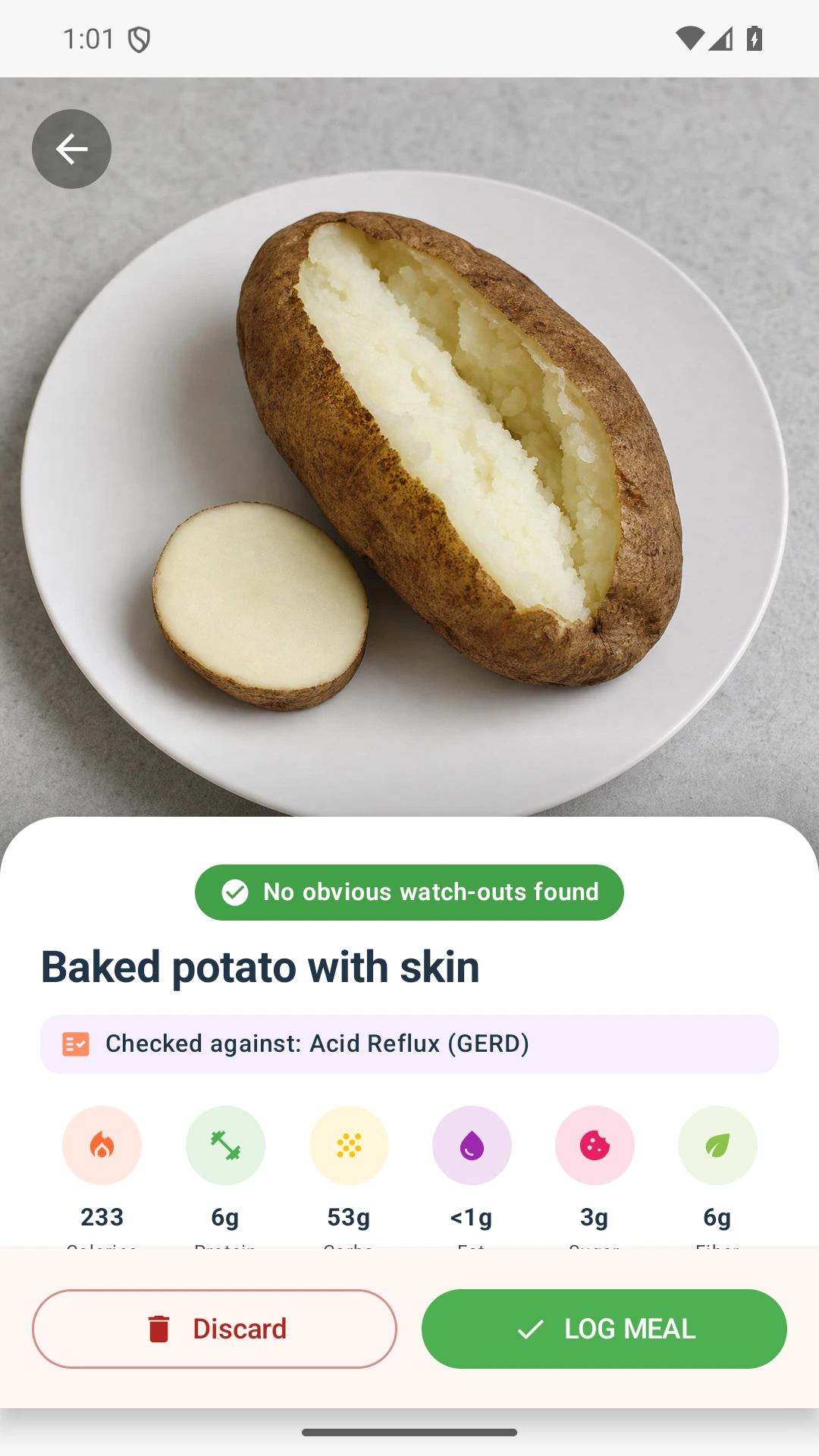 DietVox Potato scan showing a GREEN acid reflux rating