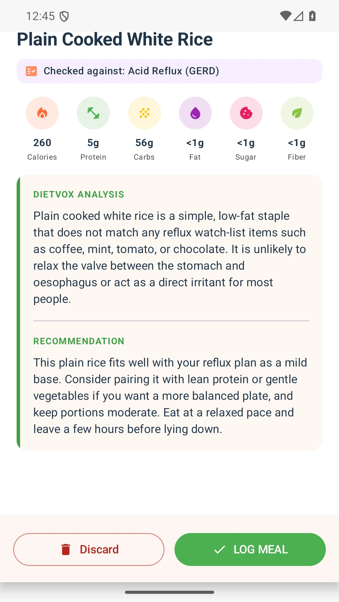 DietVox acid reflux analysis for Rice with the verified rating explanation