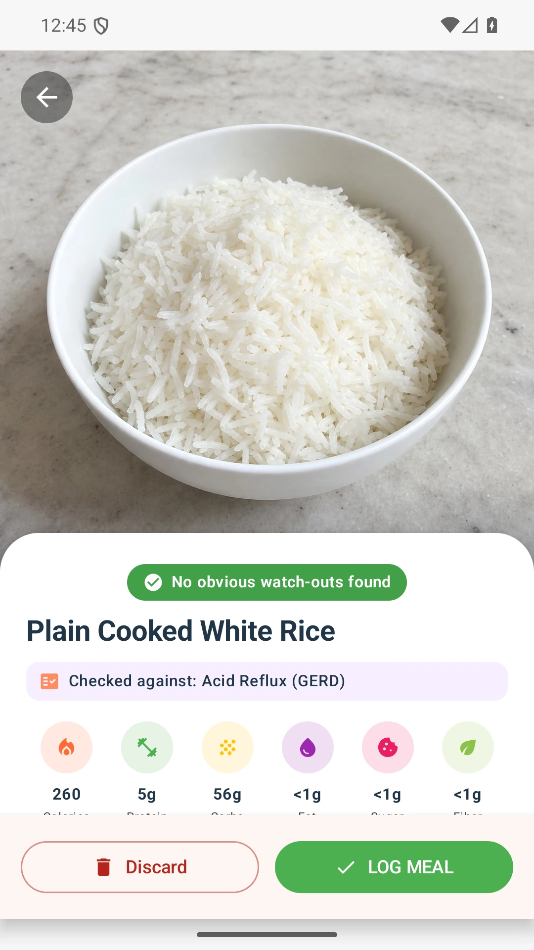 DietVox Rice scan showing a GREEN acid reflux rating
