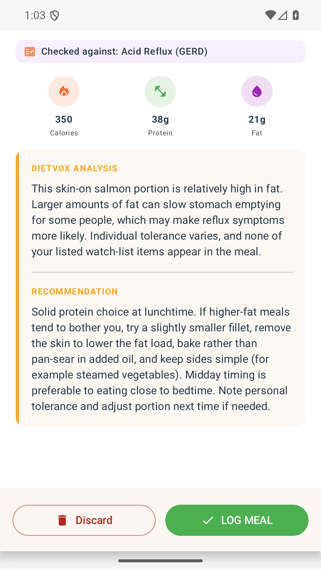 DietVox acid reflux analysis for Salmon with the verified rating explanation