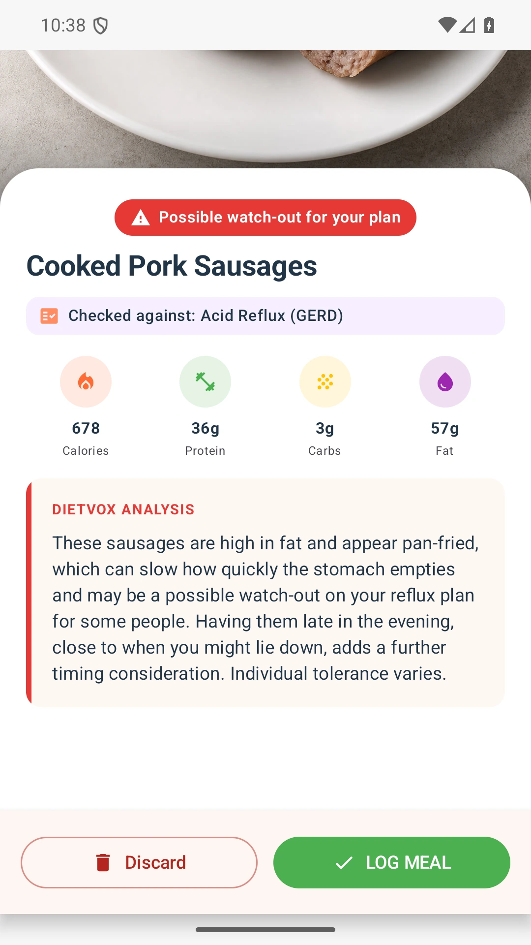 DietVox acid reflux analysis for Sausage with the verified rating explanation