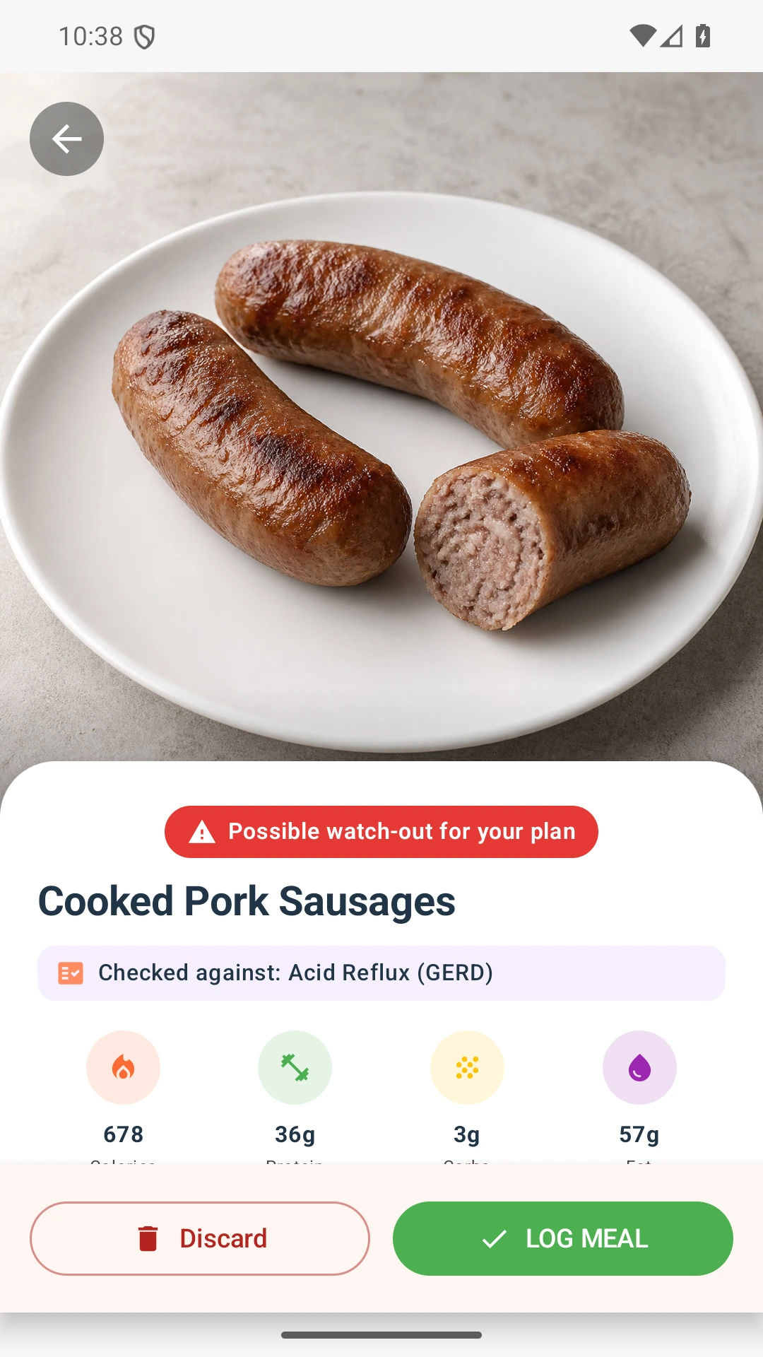 DietVox Sausage scan showing a RED acid reflux rating
