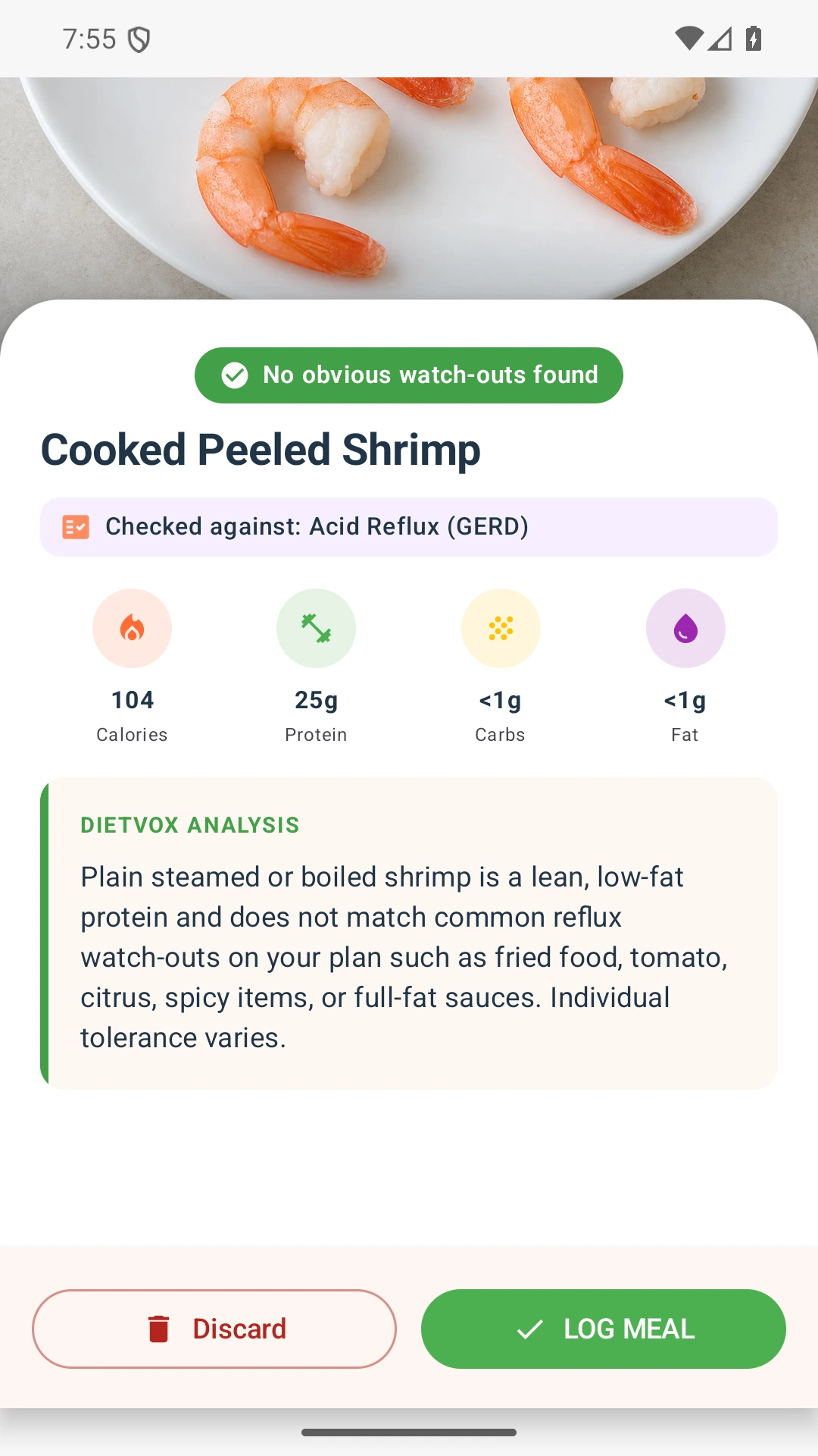 DietVox acid reflux analysis for Shrimp with the verified rating explanation
