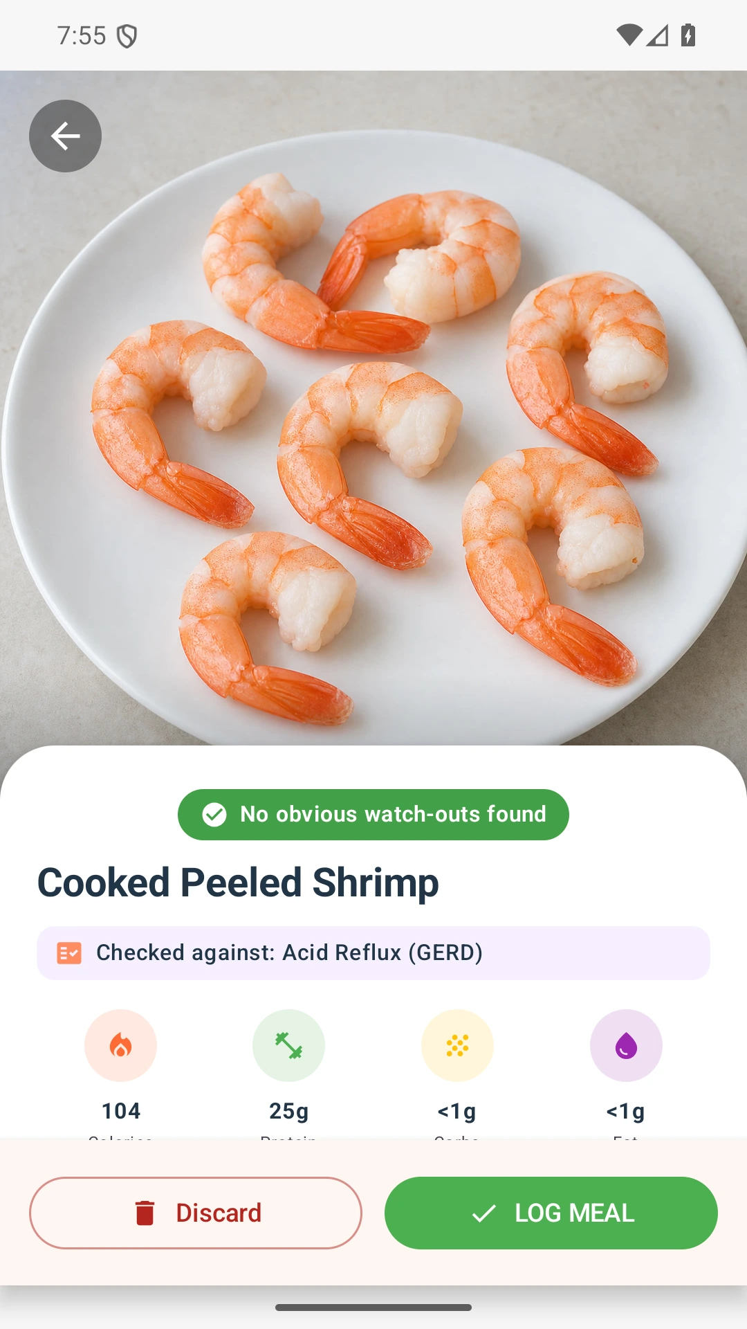 DietVox Shrimp scan showing a GREEN acid reflux rating
